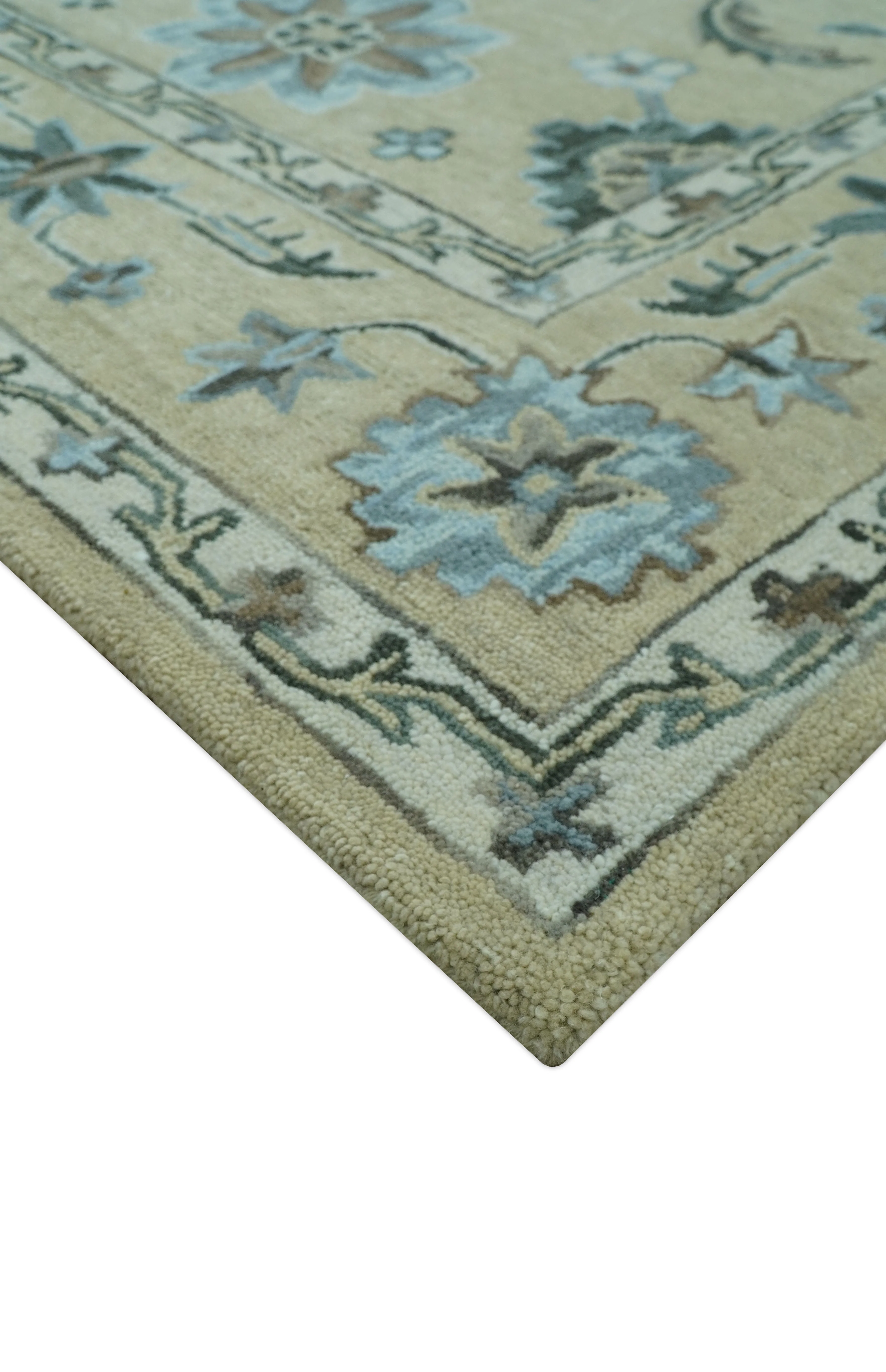 Custom Made Beige, Ivory and Blue Hand Tufted Floral Oriental Oushak wool area rug - Image 5