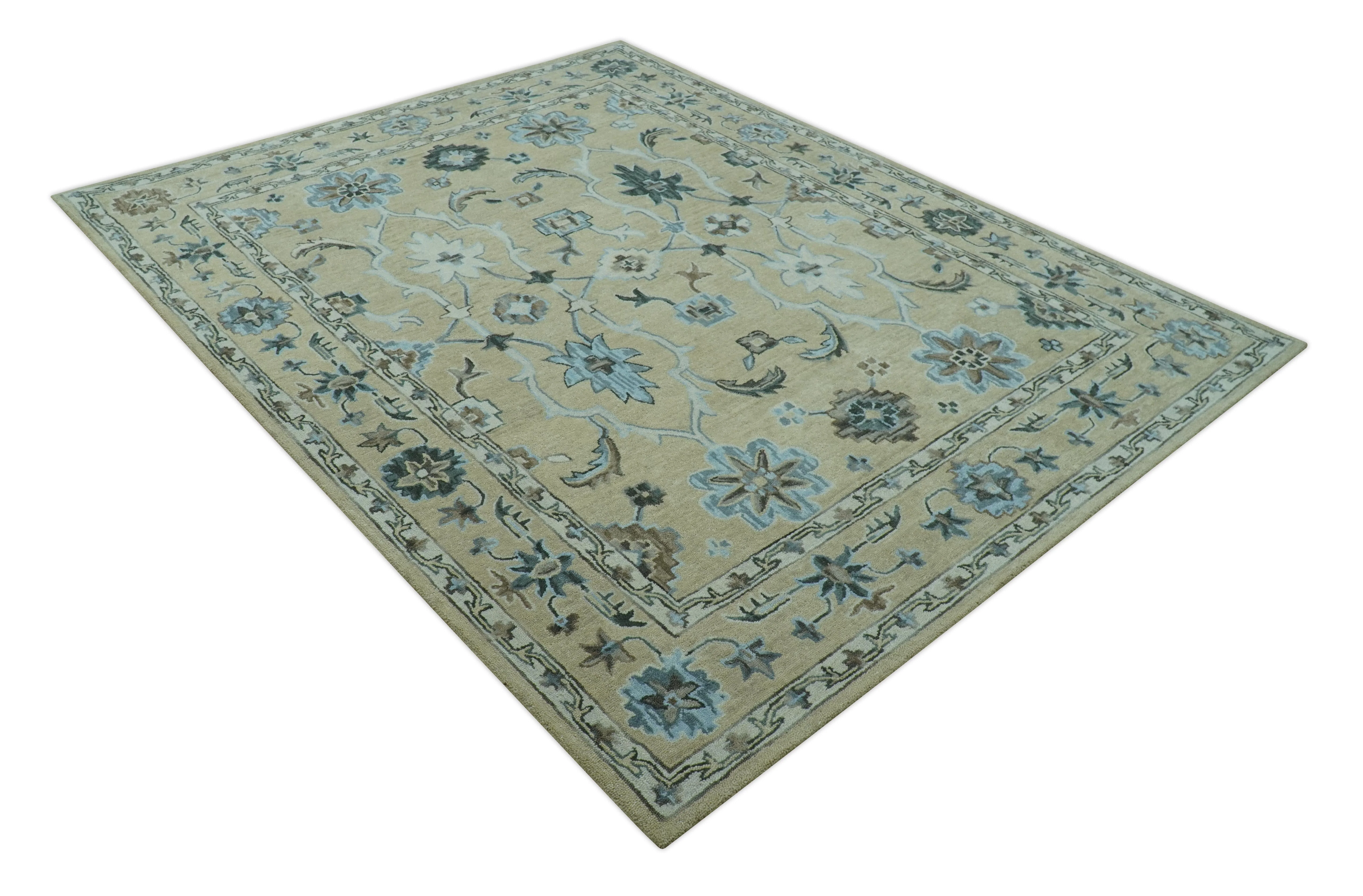 Custom Made Beige, Ivory and Blue Hand Tufted Floral Oriental Oushak wool area rug - Image 9