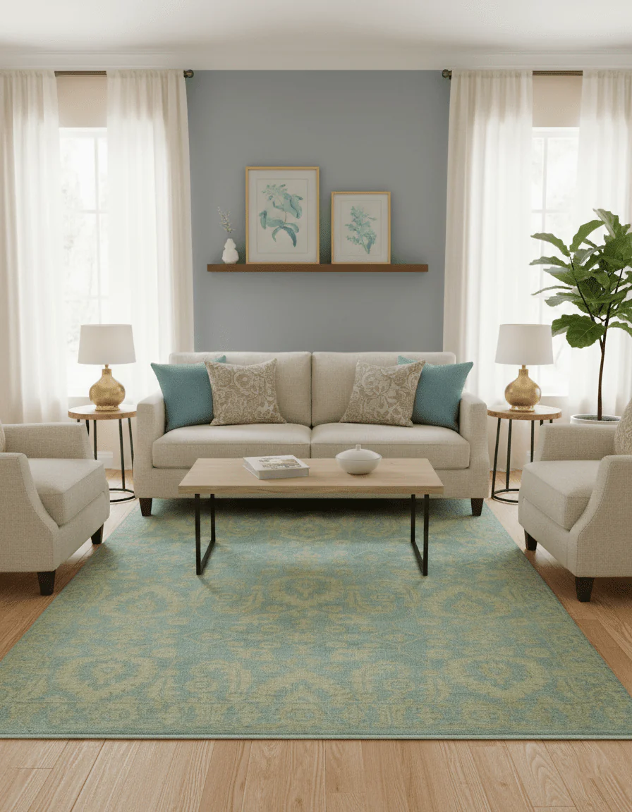 Custom Made Blue And Beige Traditional Floral Hand Knotted Wool Rug - Image 2