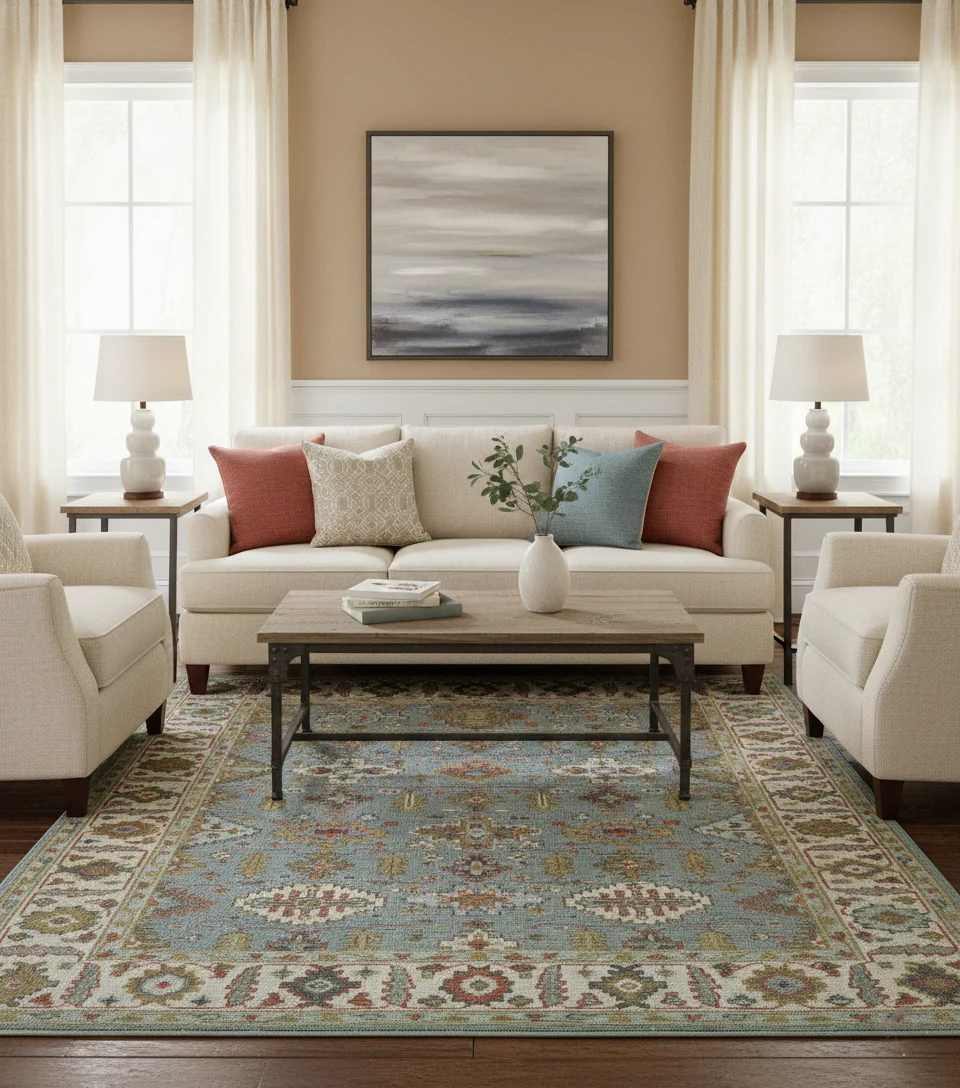 Custom Made Blue And Beige Traditional Hand Knotted Wool Area Rug - Image 2