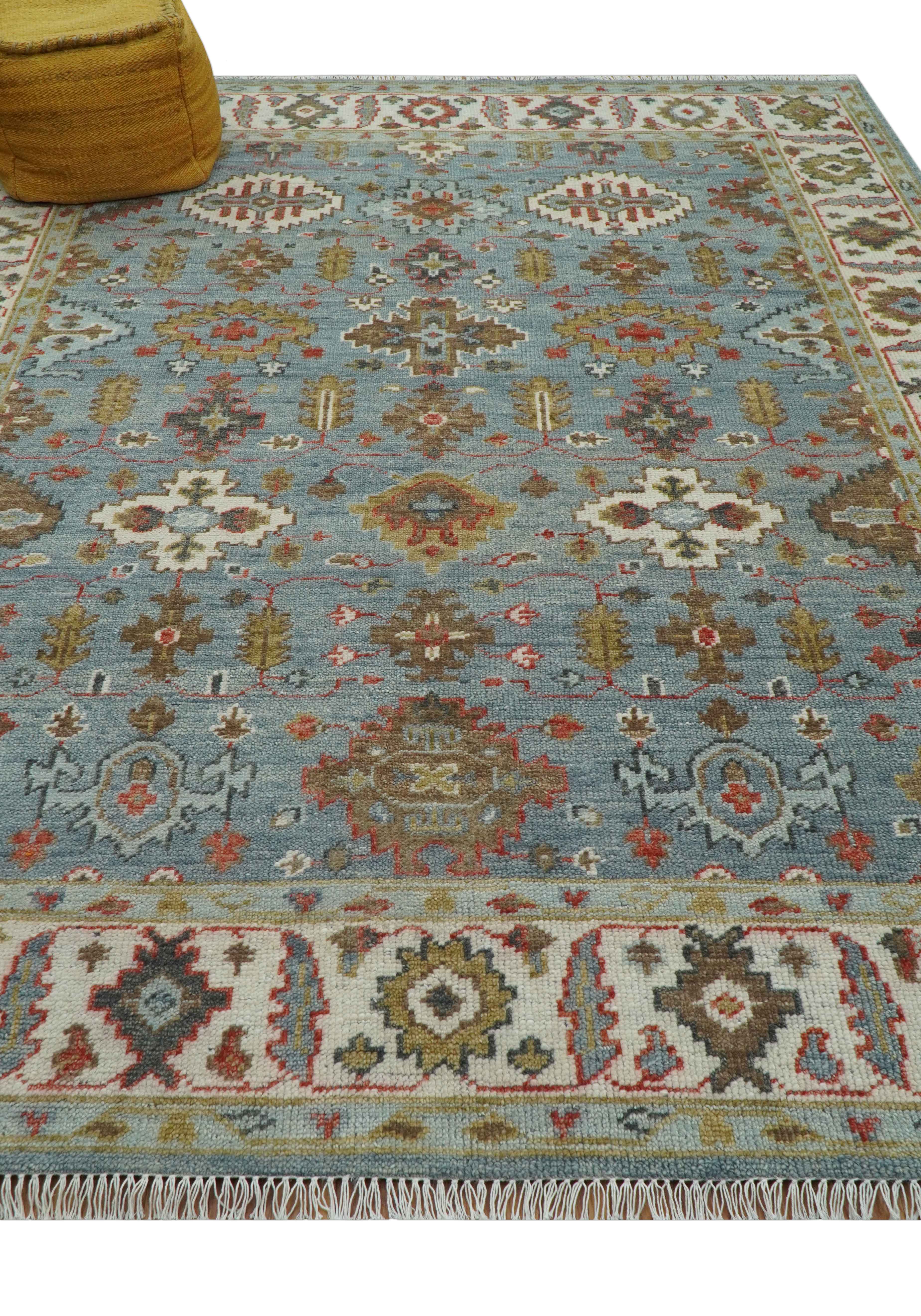 Custom Made Blue And Beige Traditional Hand Knotted Wool Area Rug - Image 3