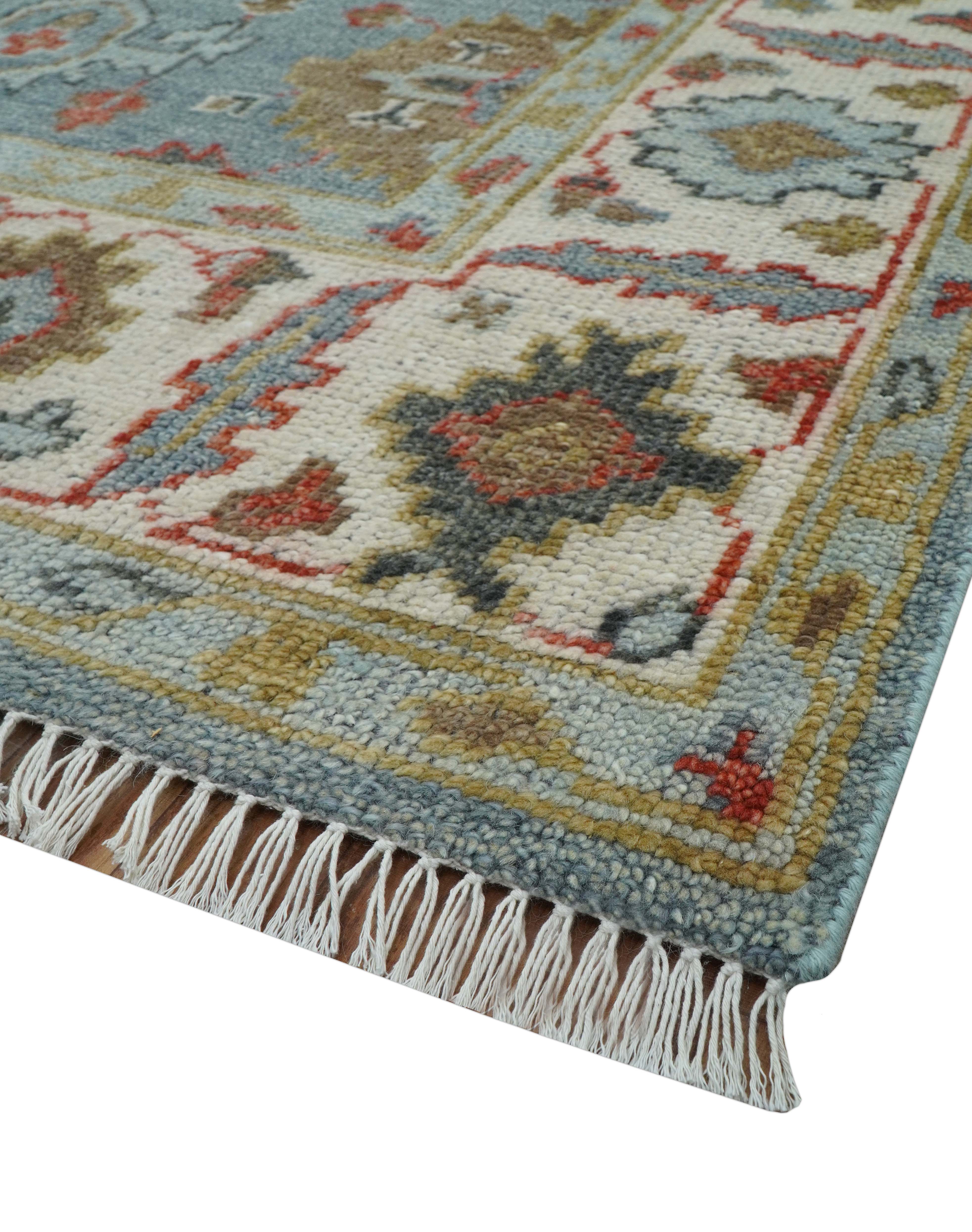 Custom Made Blue And Beige Traditional Hand Knotted Wool Area Rug - Image 9