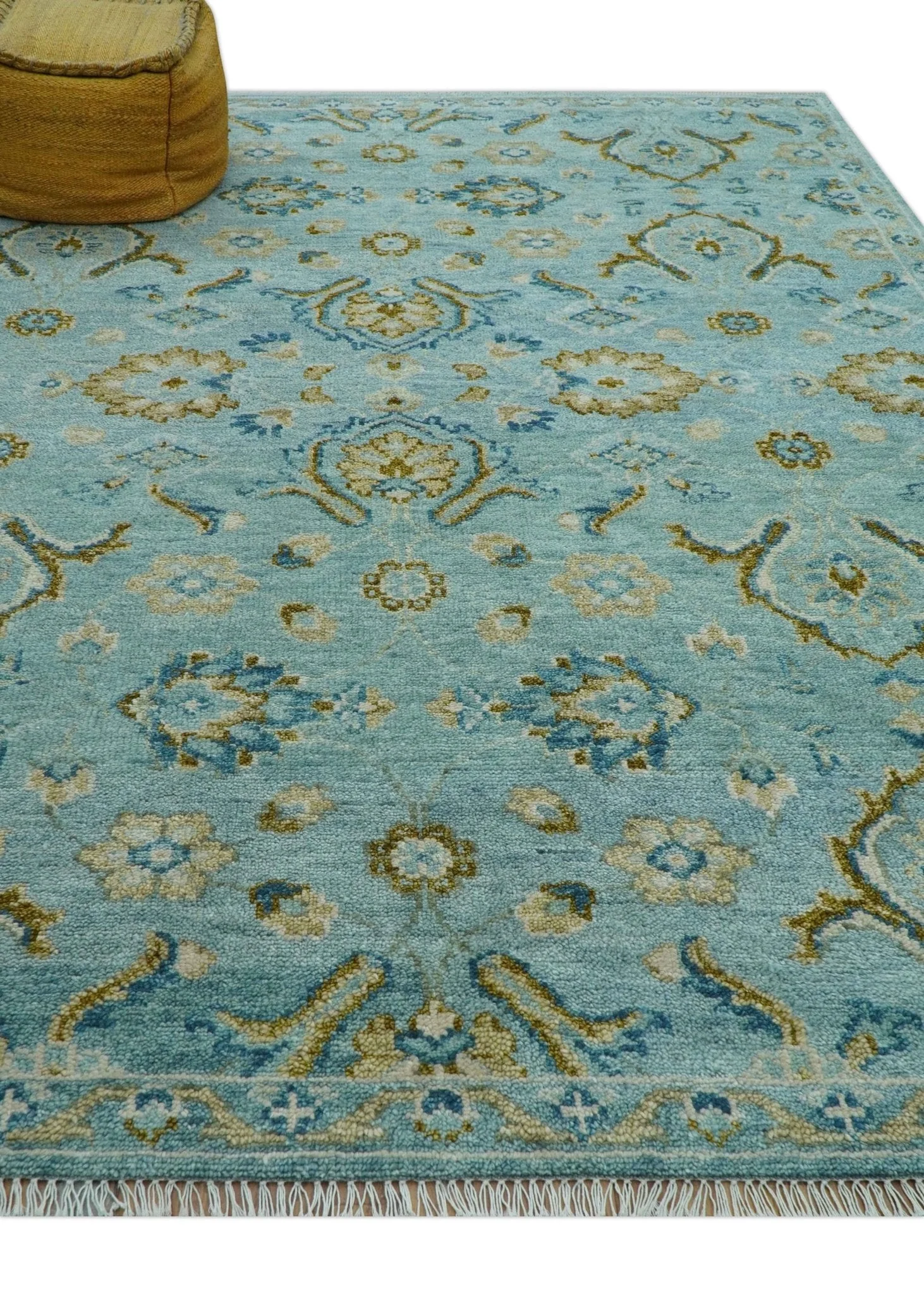 Custom Made Blue And Olive Traditional Oriental Design Hand knotted Wool Area Rug - Image 7