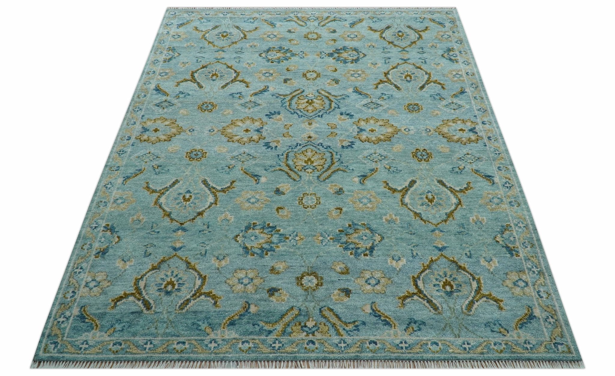 Custom Made Blue And Olive Traditional Oriental Design Hand knotted Wool Area Rug - Image 8