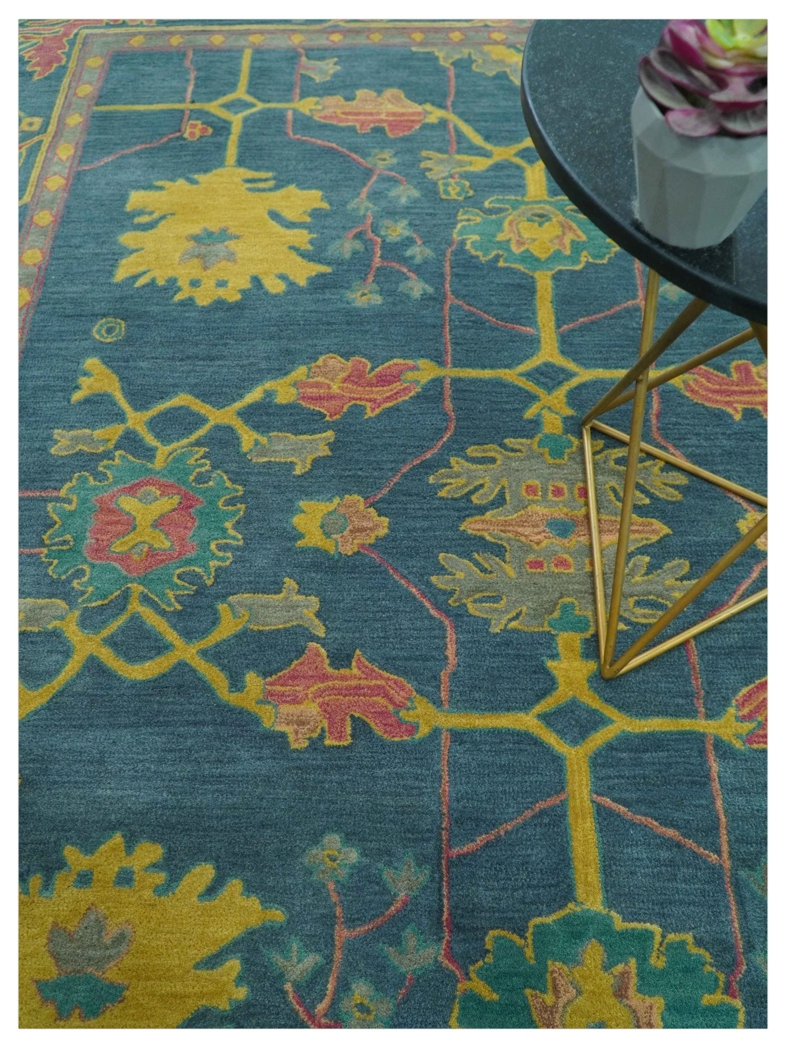 Custom Made Blue And Yellow Traditional Oushak Design Hand Tufted Wool Rug - Image 8