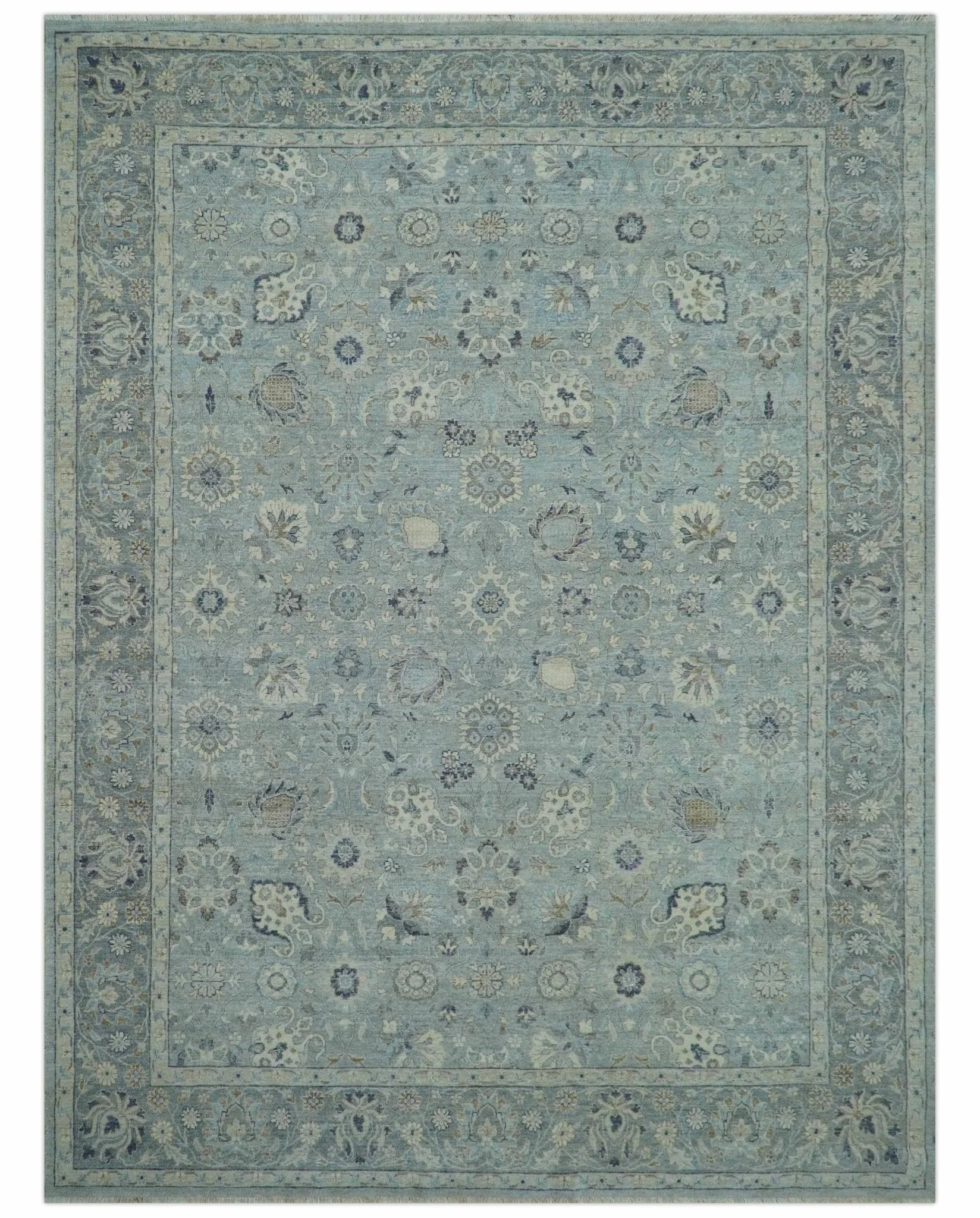 Custom Made Blue Traditional distressed design Hand knotted Wool Area Rug - Image 10
