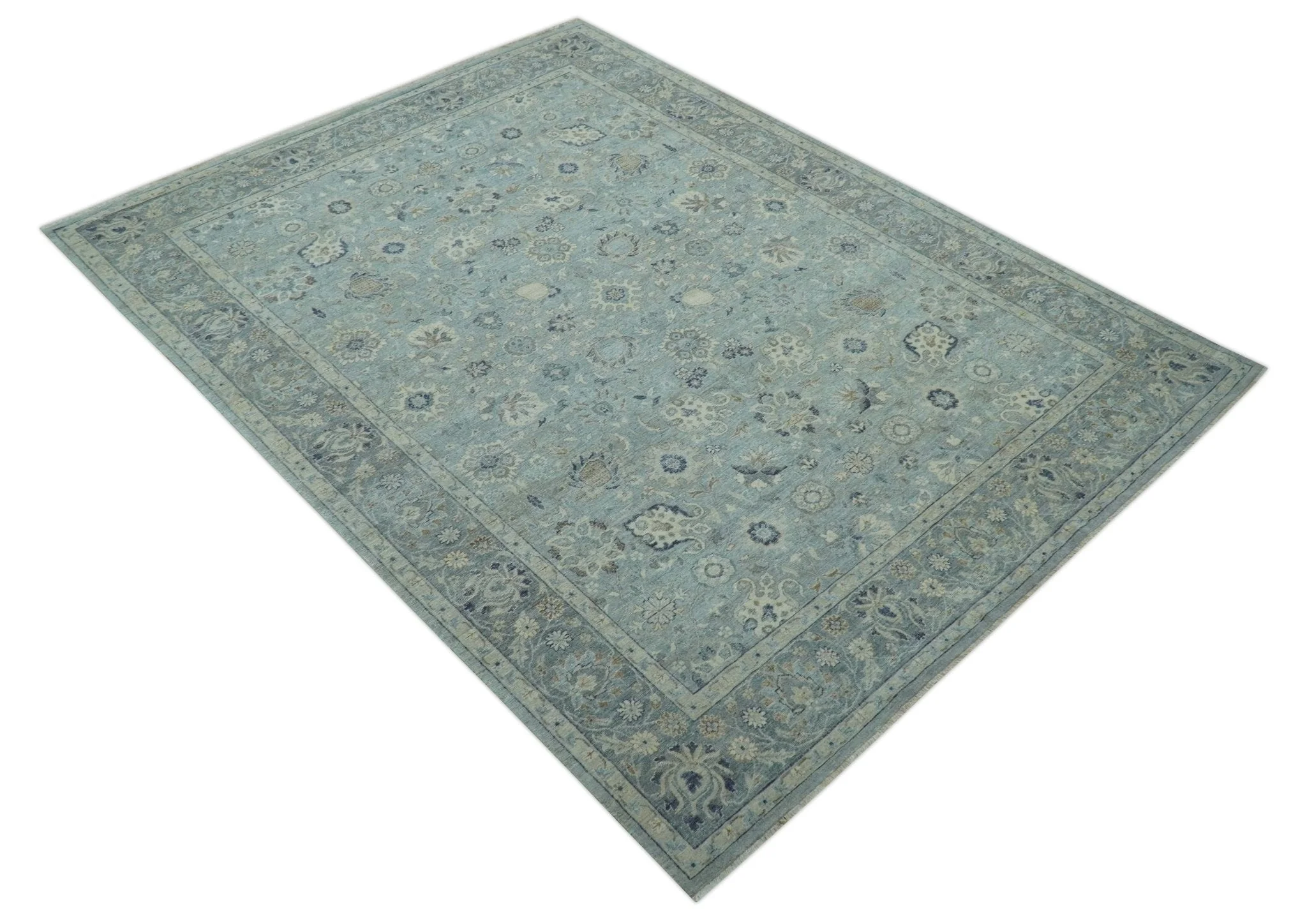 Custom Made Blue Traditional distressed design Hand knotted Wool Area Rug - Image 11