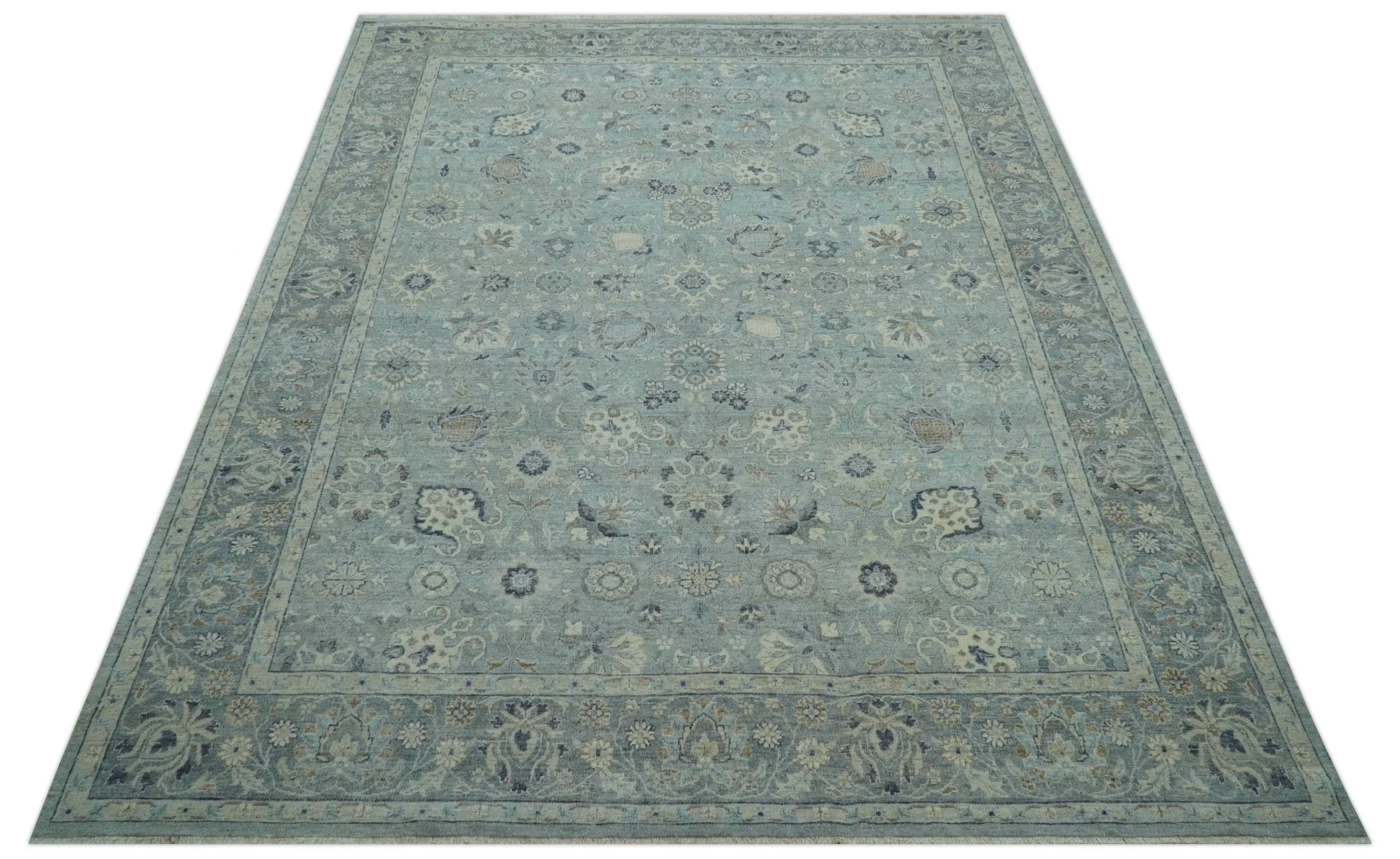 Custom Made Blue Traditional distressed design Hand knotted Wool Area Rug - Image 12
