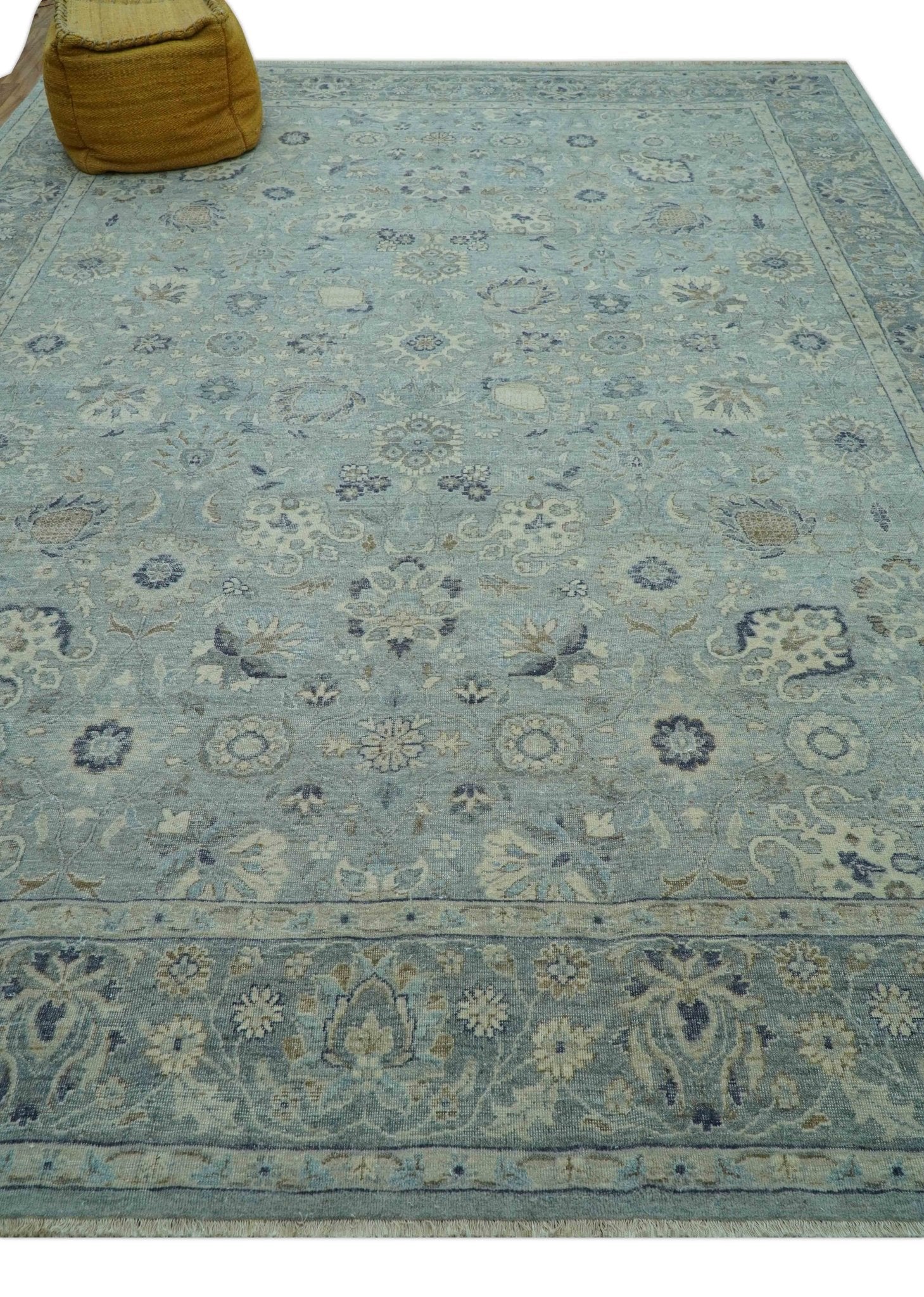 Custom Made Blue Traditional distressed design Hand knotted Wool Area Rug - Image 4