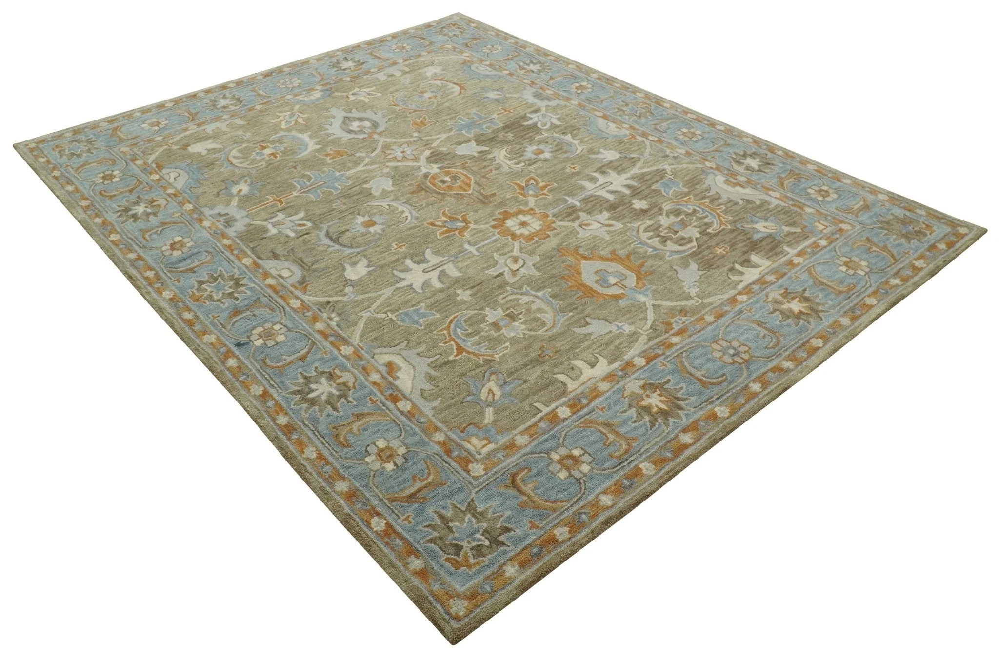 Custom Made Camel And Blue Traditional Oushak Design Hand Tufted Wool Area Rug - Image 10