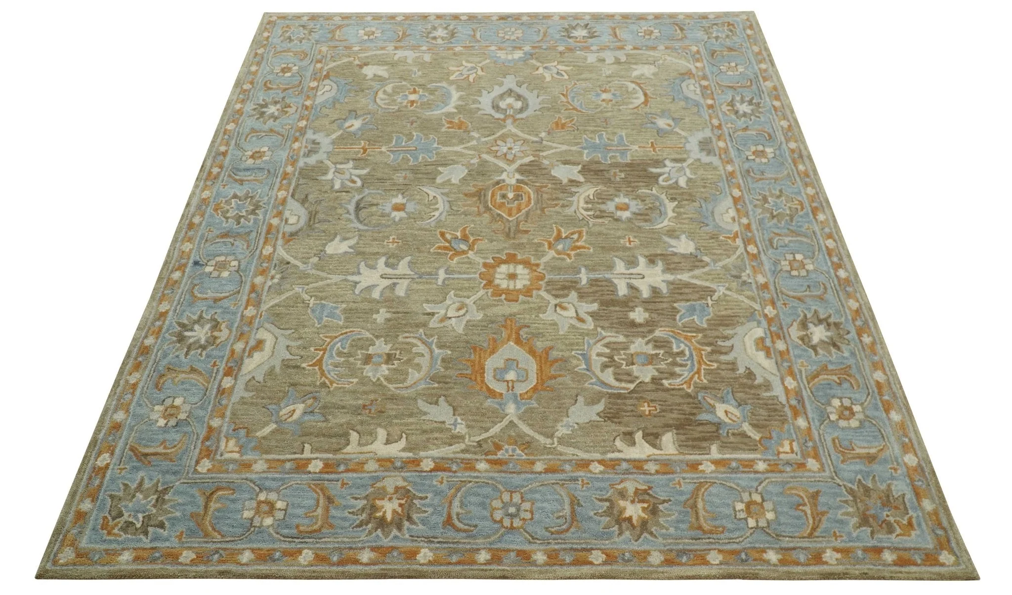 Custom Made Camel And Blue Traditional Oushak Design Hand Tufted Wool Area Rug - Image 11