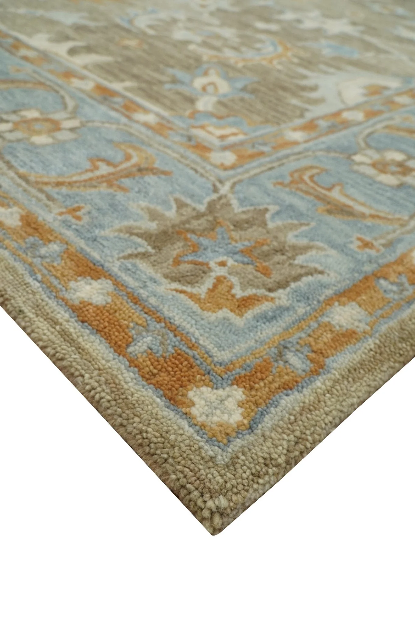 Custom Made Camel And Blue Traditional Oushak Design Hand Tufted Wool Area Rug - Image 3