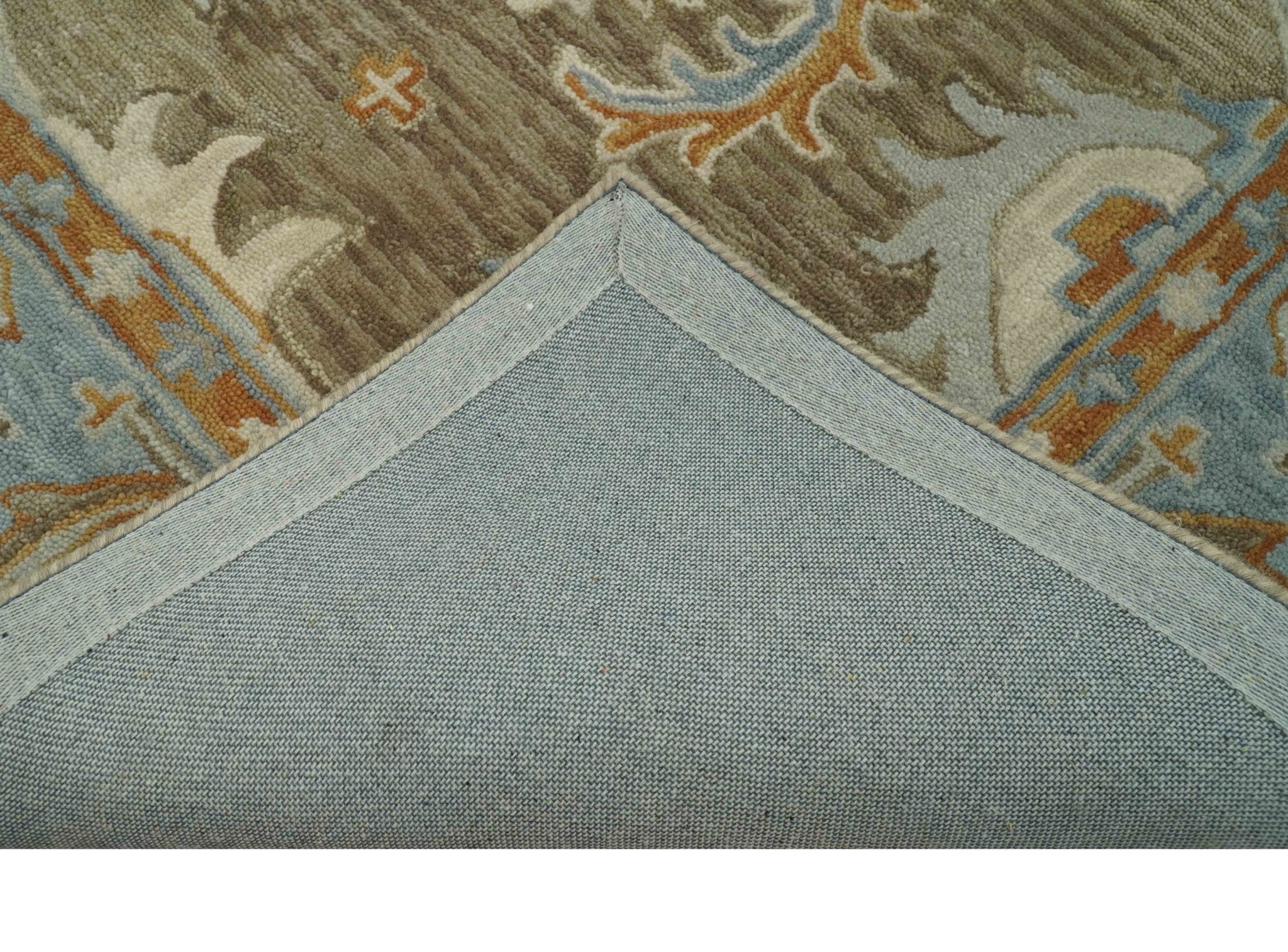 Custom Made Camel And Blue Traditional Oushak Design Hand Tufted Wool Area Rug - Image 4