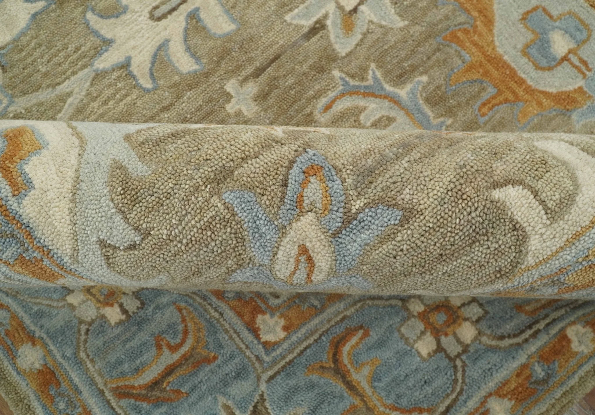 Custom Made Camel And Blue Traditional Oushak Design Hand Tufted Wool Area Rug - Image 7