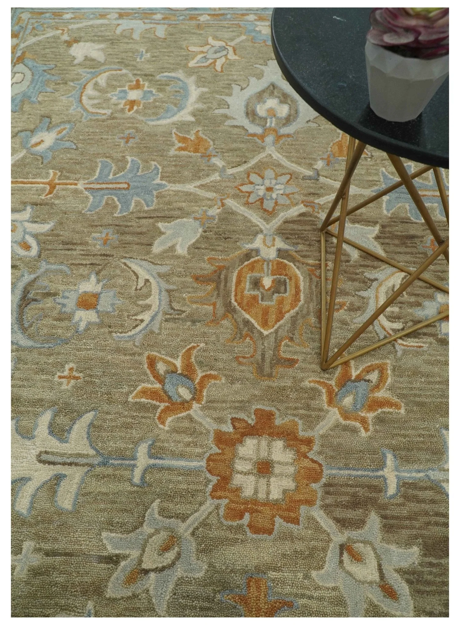 Custom Made Camel And Blue Traditional Oushak Design Hand Tufted Wool Area Rug - Image 8