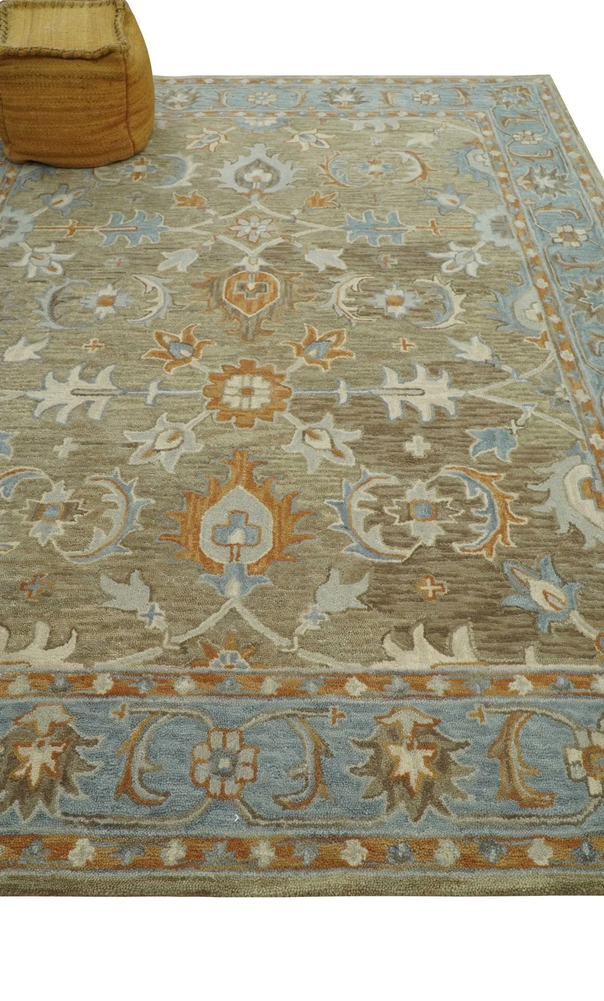 Custom Made Camel And Blue Traditional Oushak Design Hand Tufted Wool Area Rug - Image 9