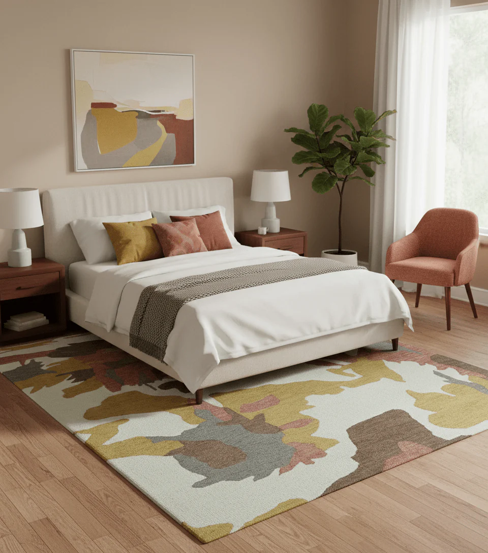 Custom Made Contemporary Abstract Ivory, Yellow And Rust Hand Tufted Wool Area Rug - Image 2