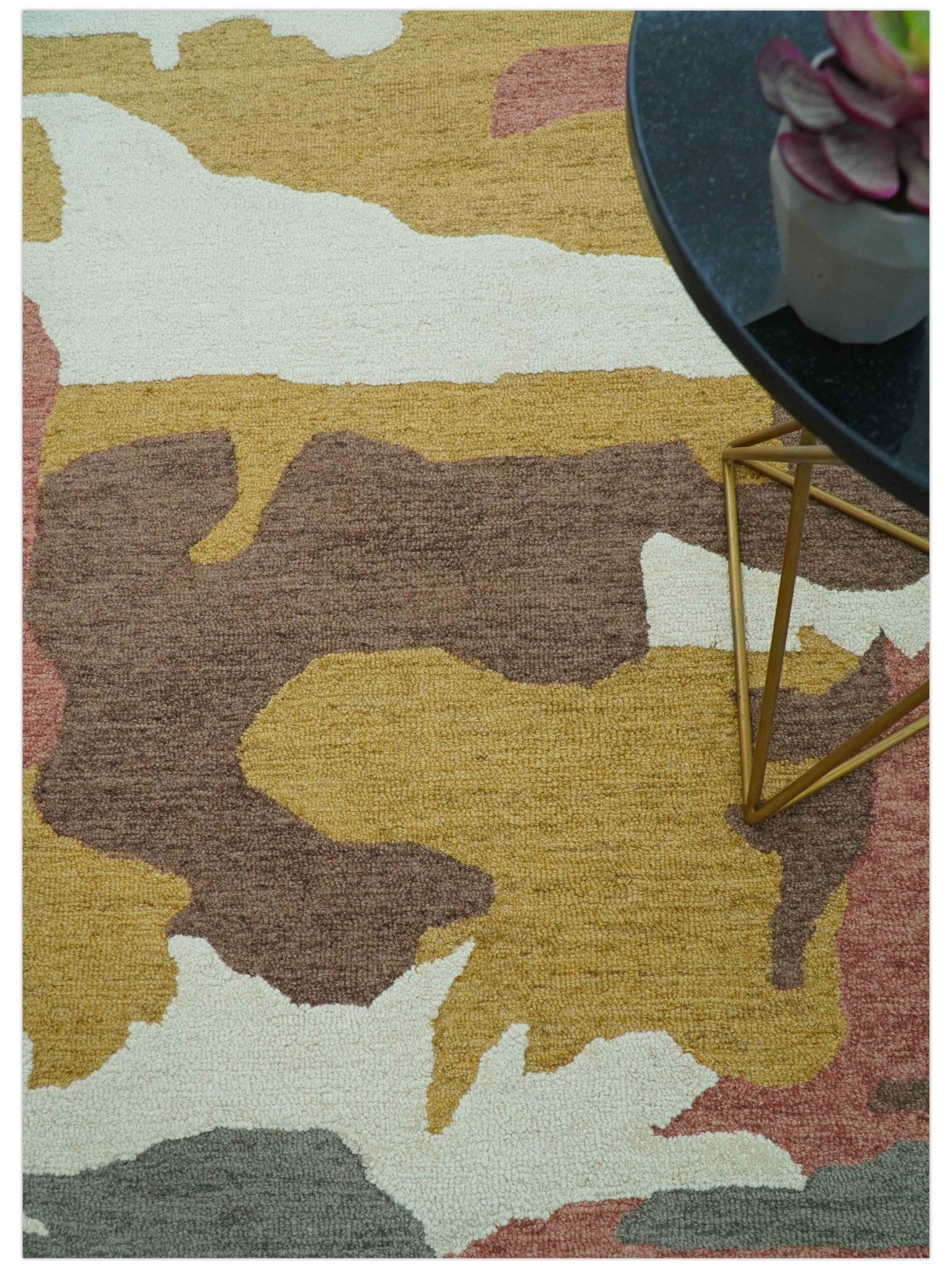 Custom Made Contemporary Abstract Ivory, Yellow And Rust Hand Tufted Wool Area Rug - Image 3