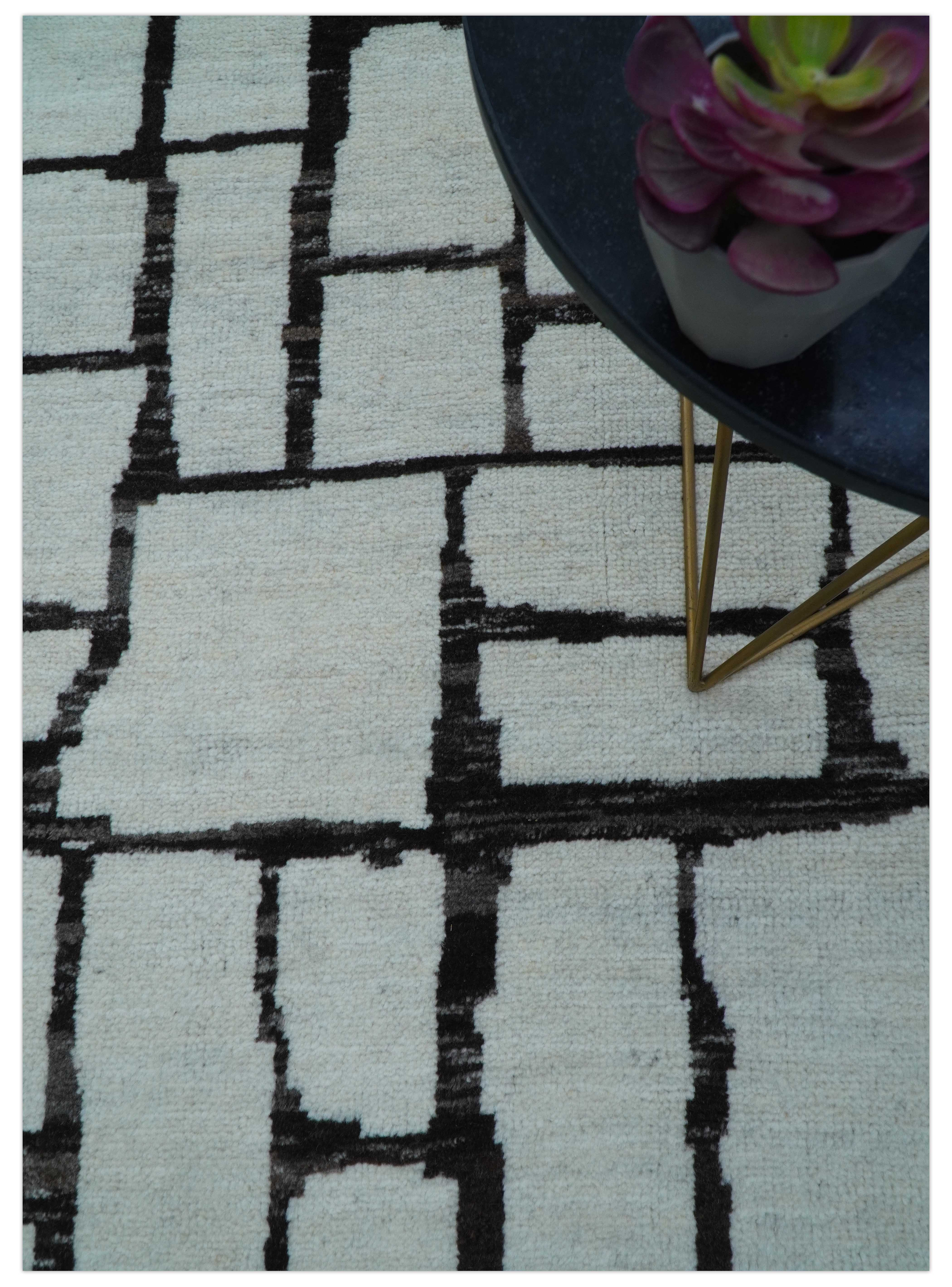 Custom Made Contemporary Ivory And Dark Brown Hand Knotted Wool Rug - Image 8