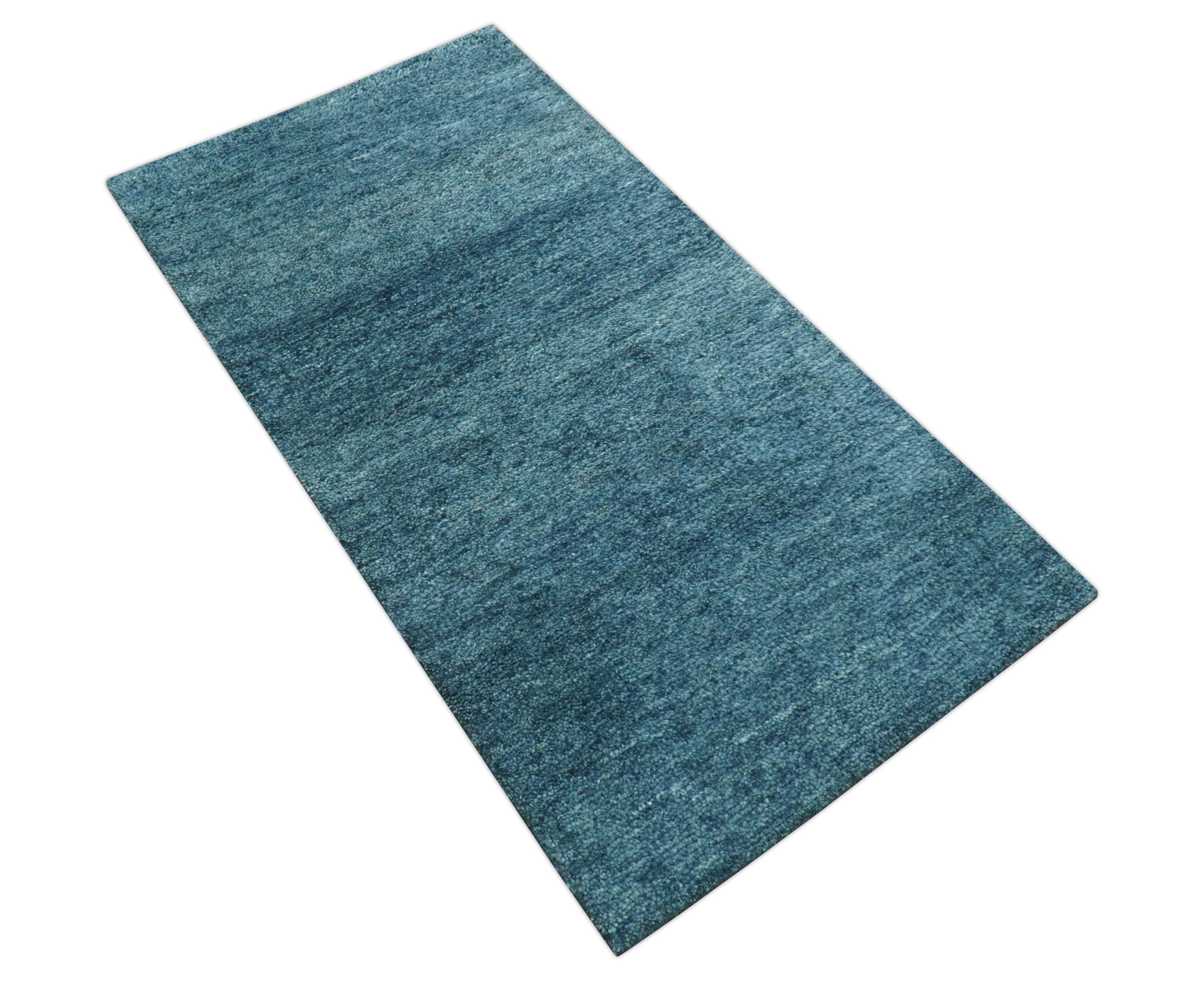 Custom Made Contemporary Solid Plush Blue Hand Knotted Wool Rug - Image 4