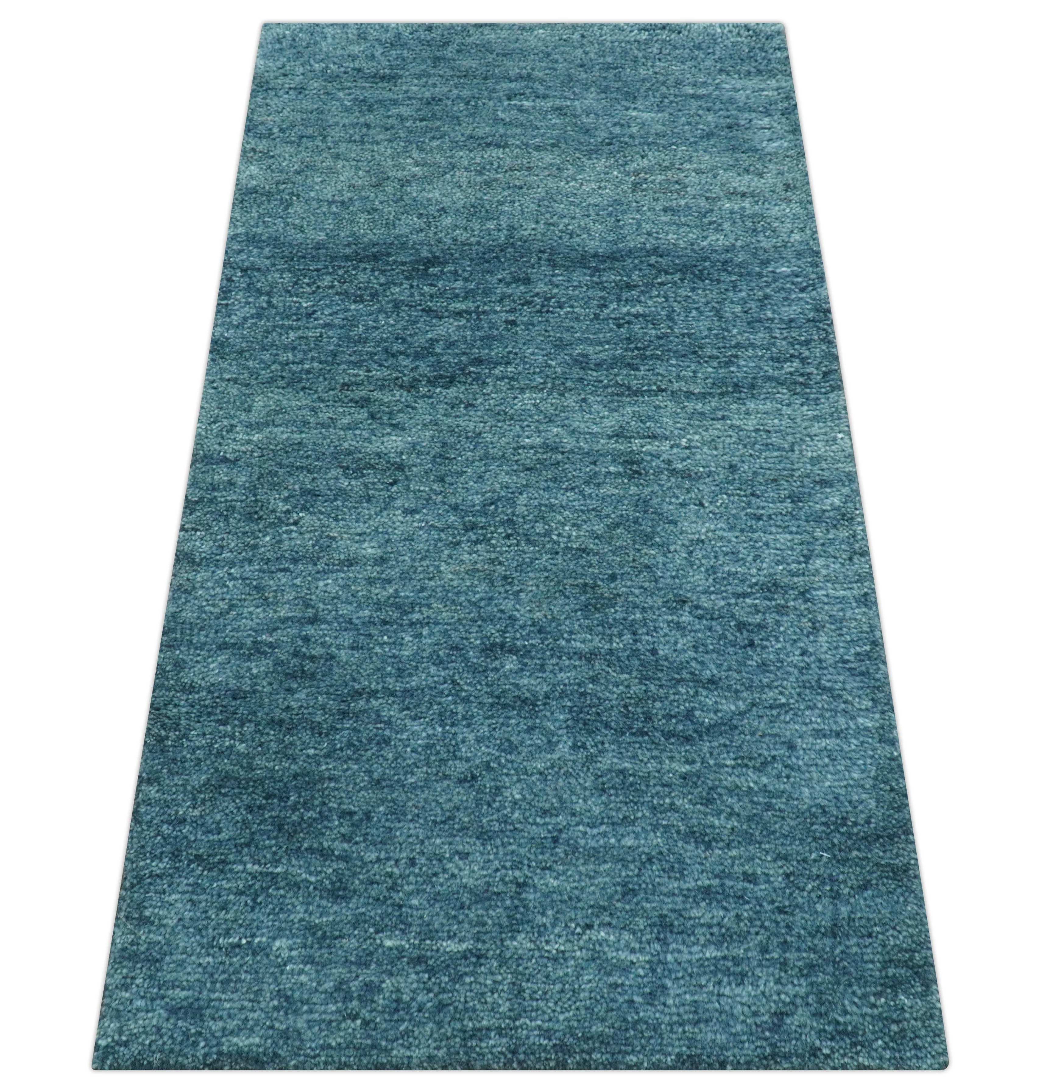 Custom Made Contemporary Solid Plush Blue Hand Knotted Wool Rug - Image 5