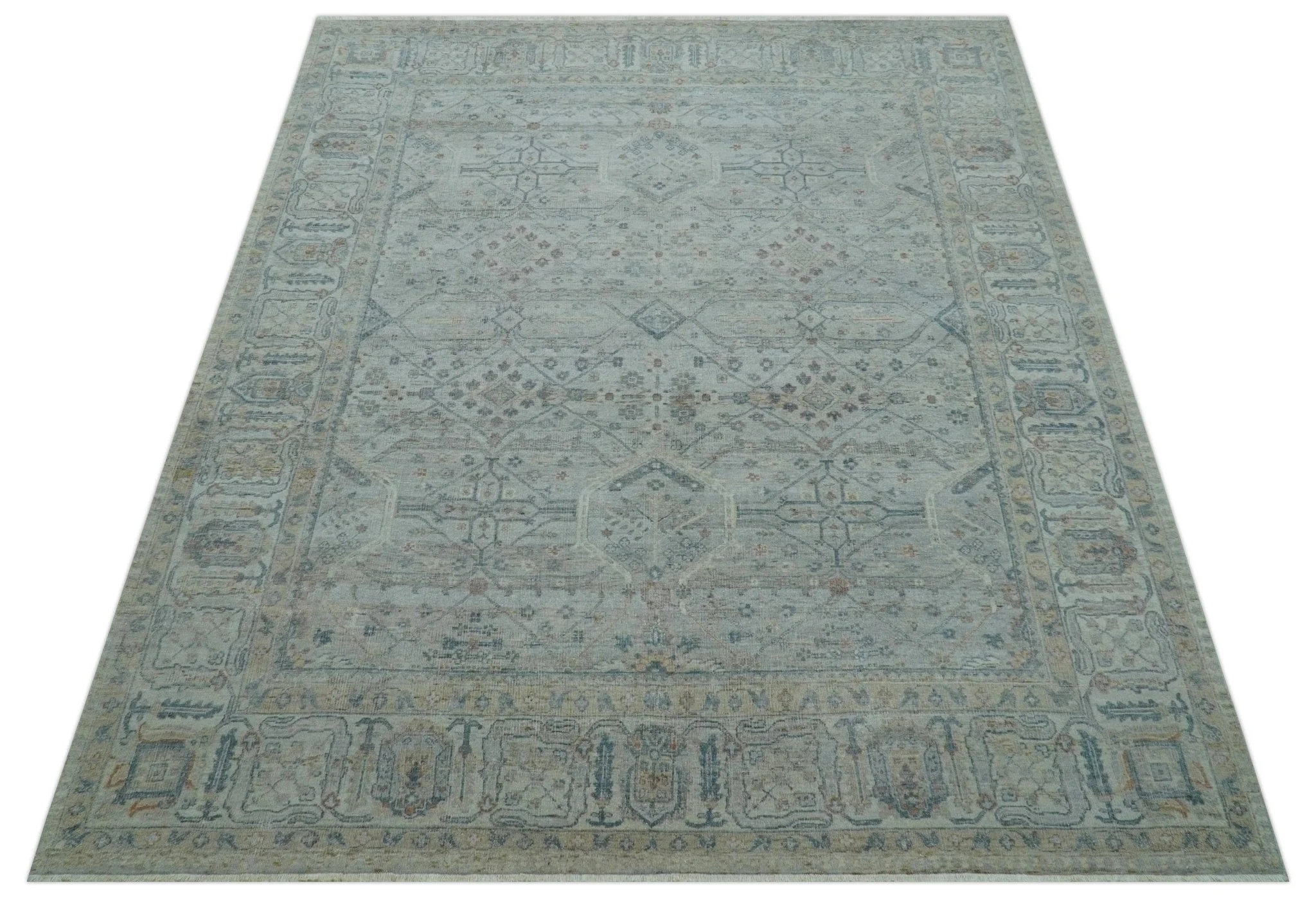 Custom Made Distressed Silver Blue Traditional Hand knotted Wool Area Rug - Image 11