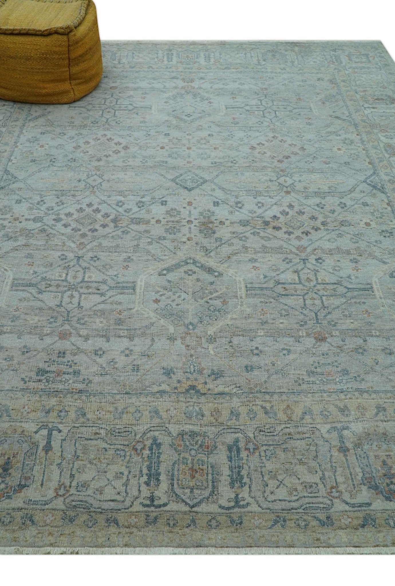Custom Made Distressed Silver Blue Traditional Hand knotted Wool Area Rug - Image 9