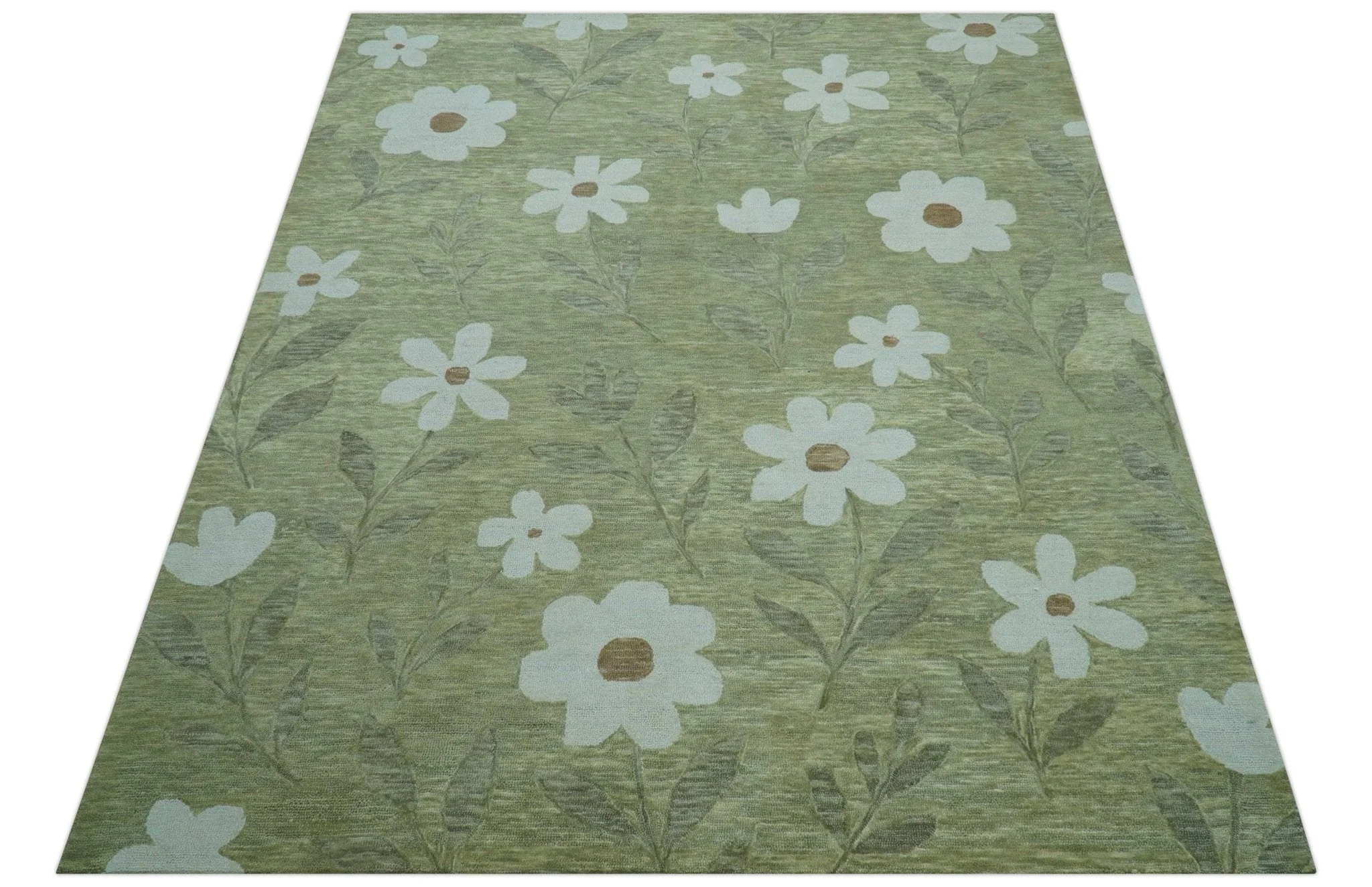 Custom Made Floral Olive Green Hand Tufted Wool Area Rug - Image 10