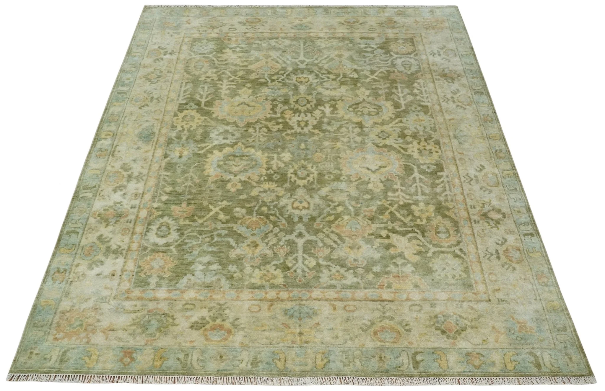 Custom Made Hand Knotted Antique Finish Green, Aqua and Beige Traditional Wool Rug - Image 10