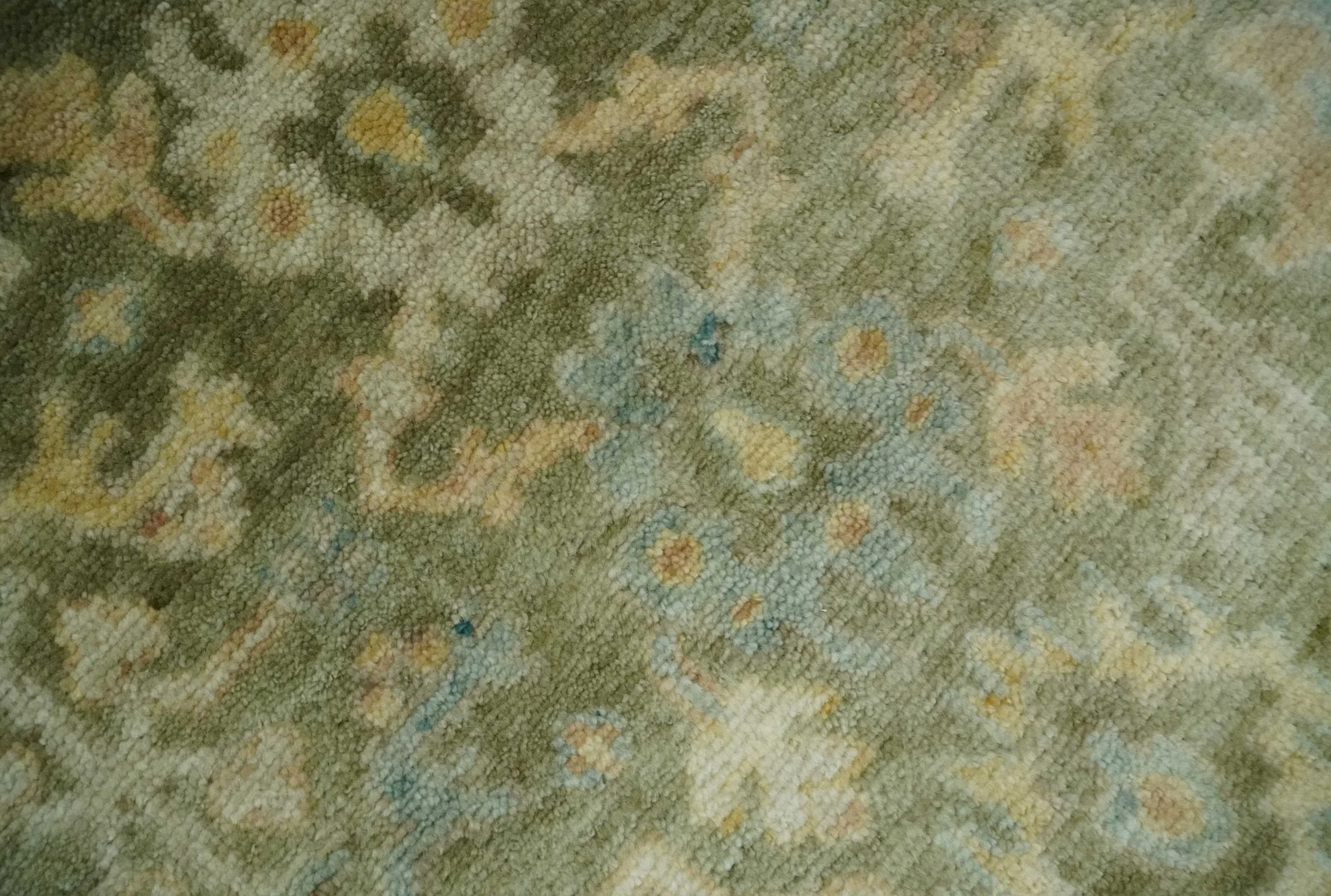Custom Made Hand Knotted Antique Finish Green, Aqua and Beige Traditional Wool Rug - Image 4