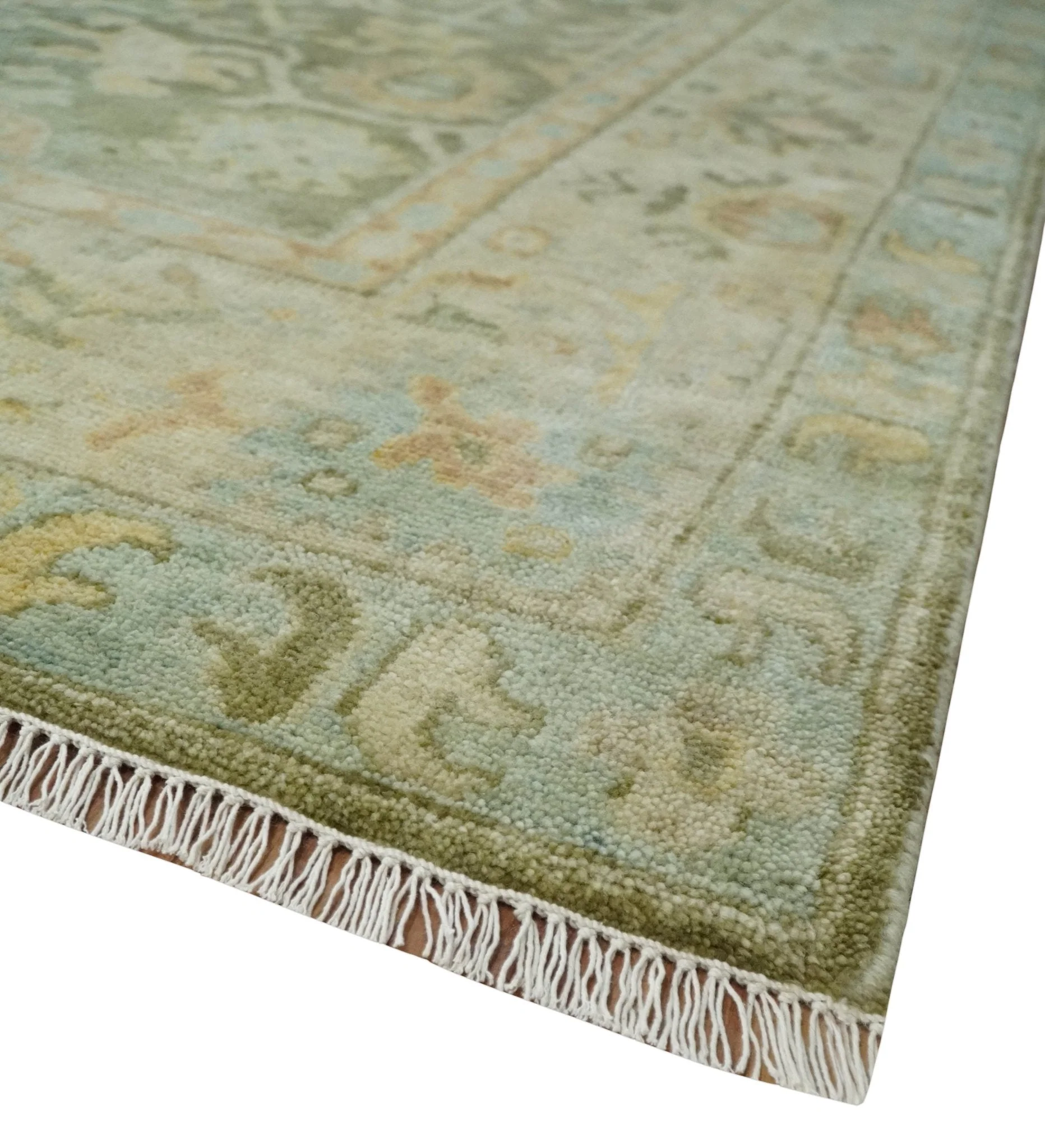Custom Made Hand Knotted Antique Finish Green, Aqua and Beige Traditional Wool Rug - Image 5
