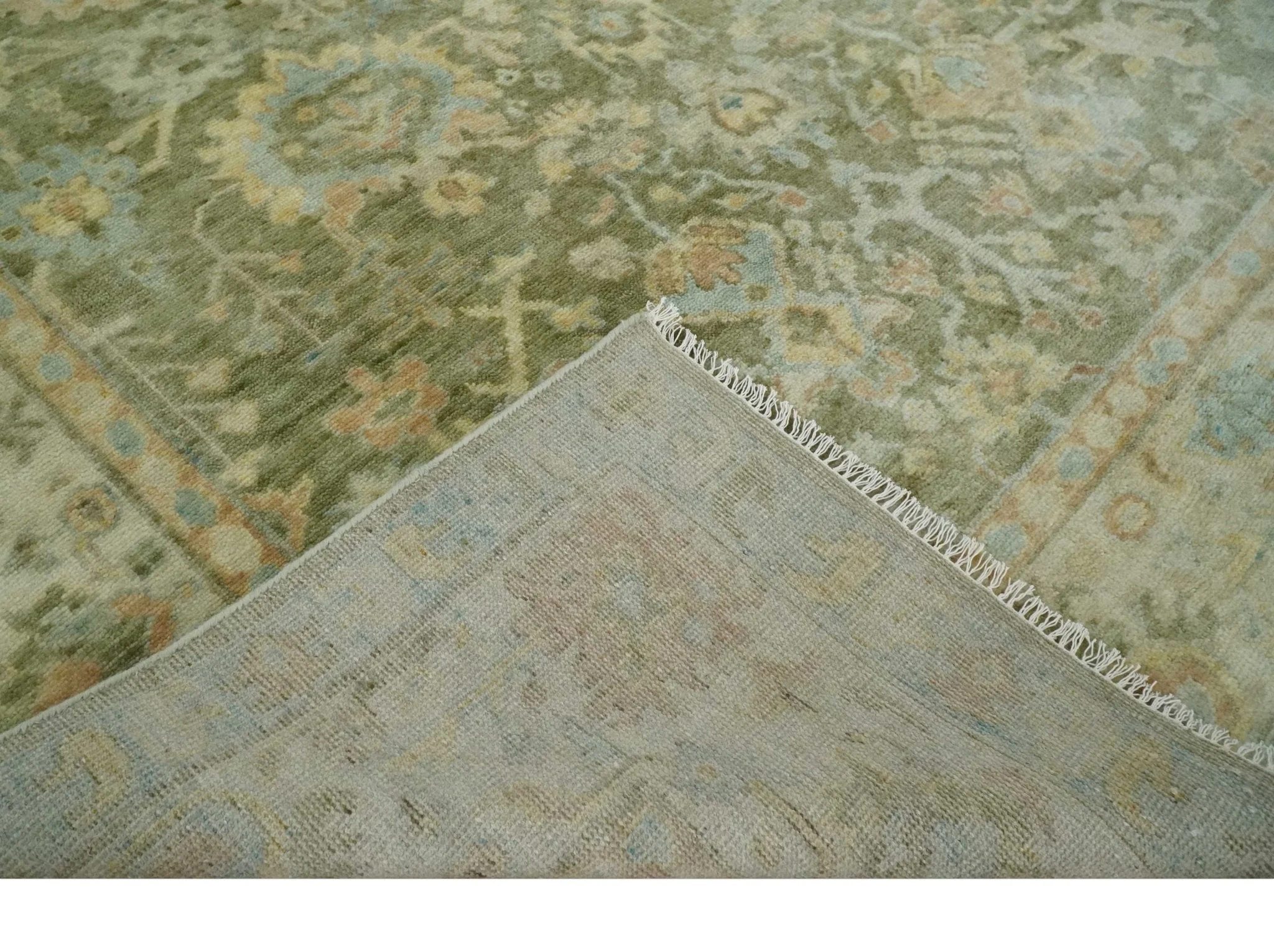 Custom Made Hand Knotted Antique Finish Green, Aqua and Beige Traditional Wool Rug - Image 6