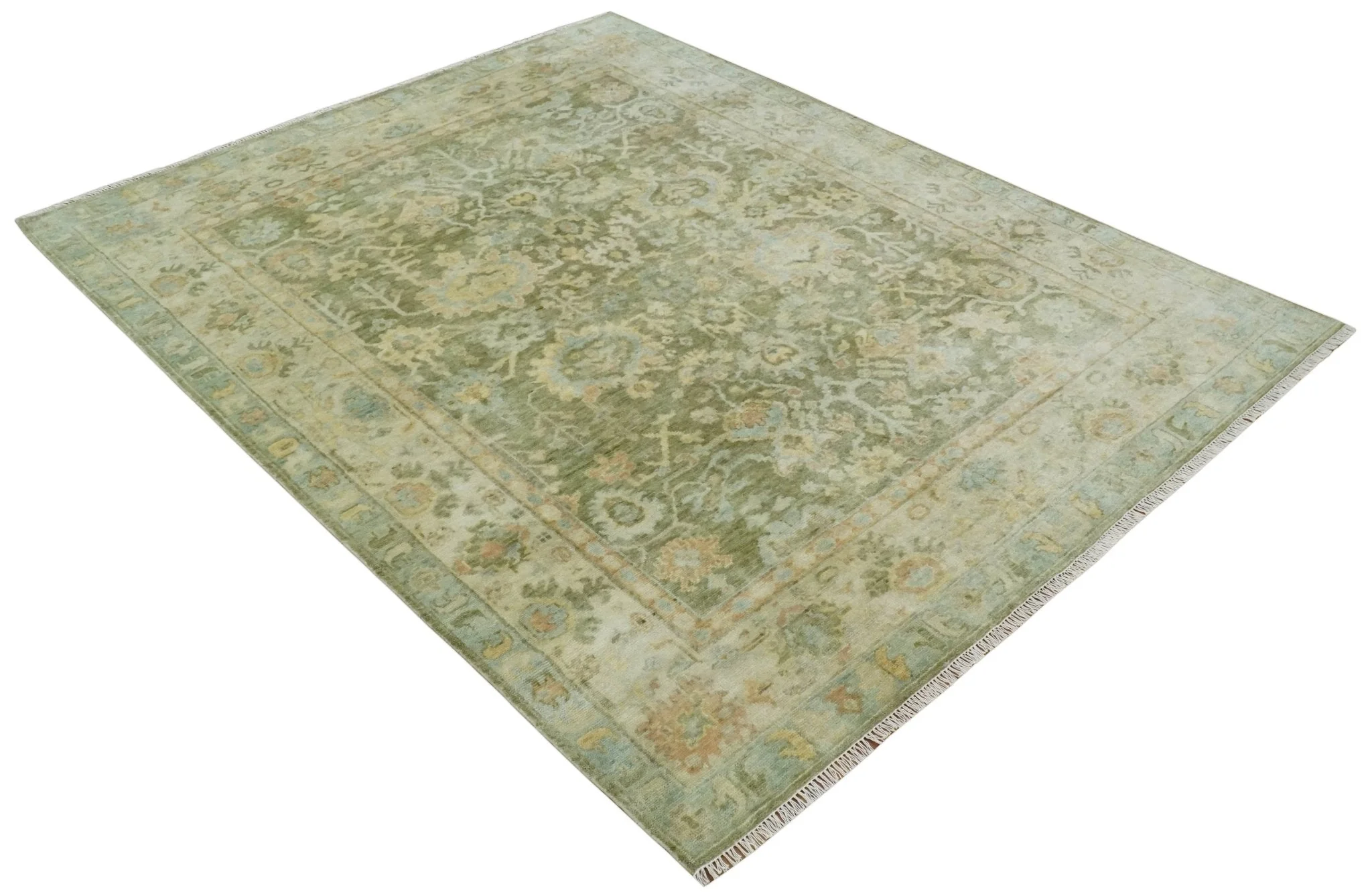 Custom Made Hand Knotted Antique Finish Green, Aqua and Beige Traditional Wool Rug - Image 9