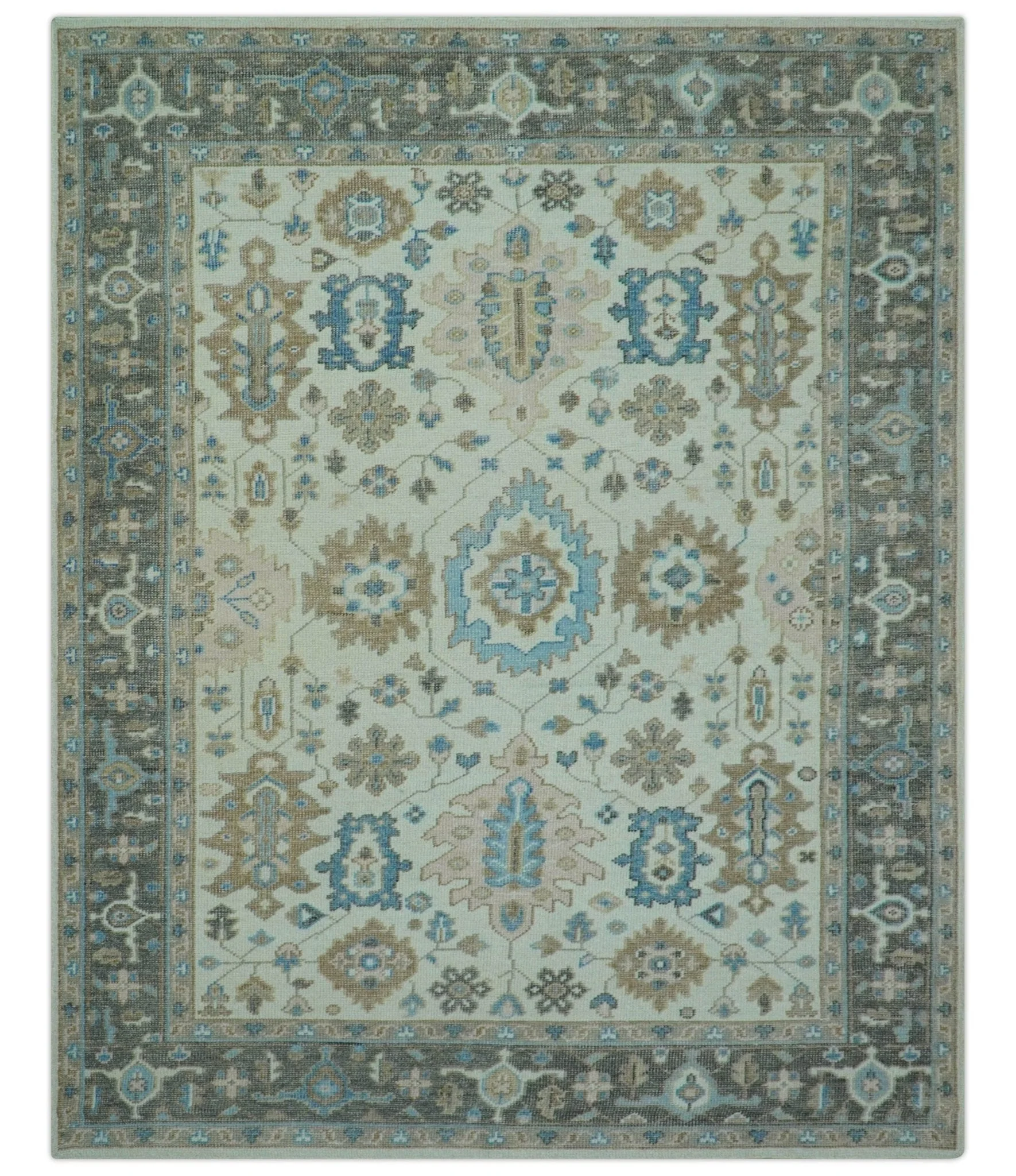 Custom Made Hand Knotted Beige and Blue Traditional Turkish Wool Area Rug - Image 2