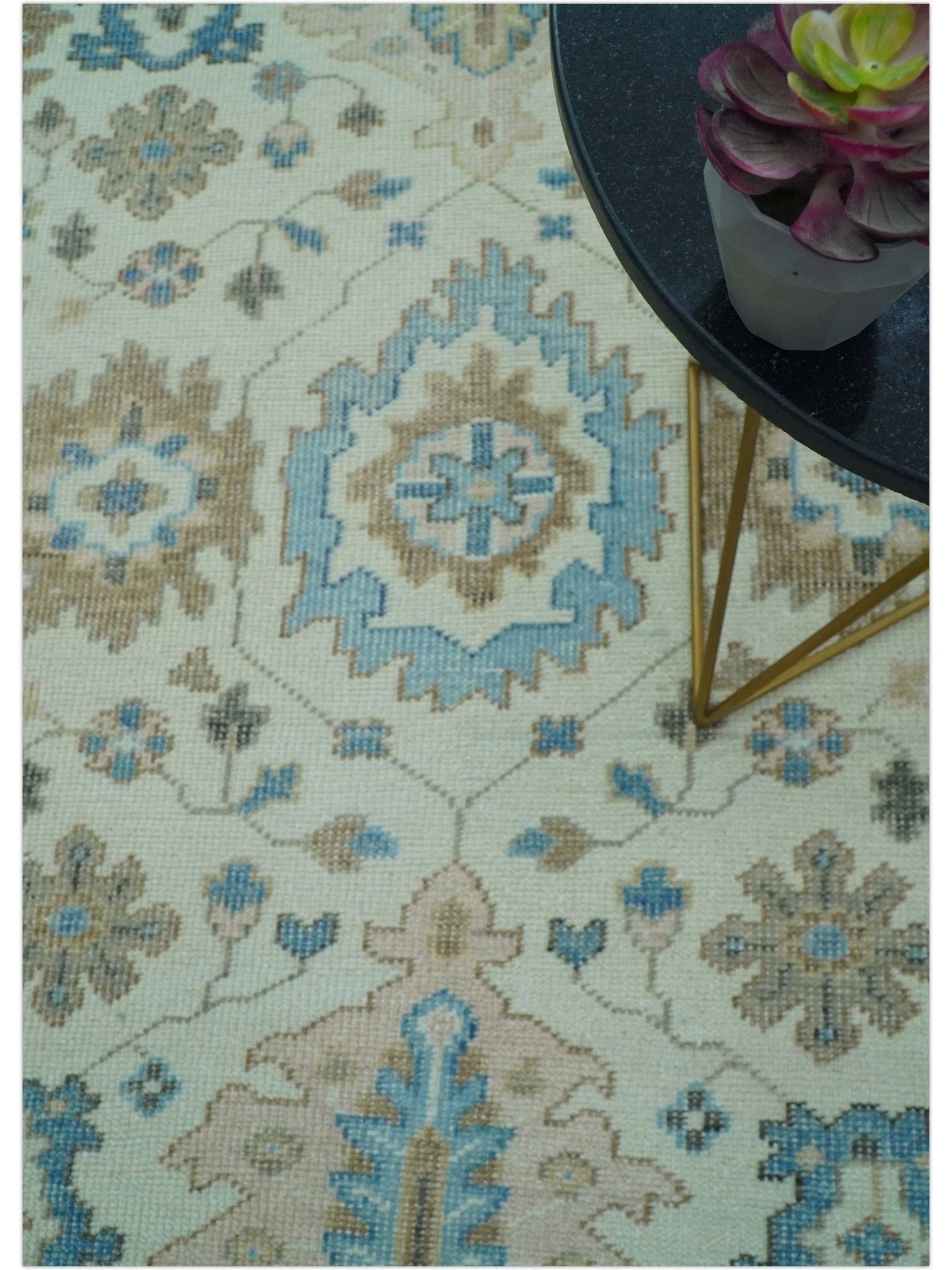 Custom Made Hand Knotted Beige and Blue Traditional Turkish Wool Area Rug - Image 4