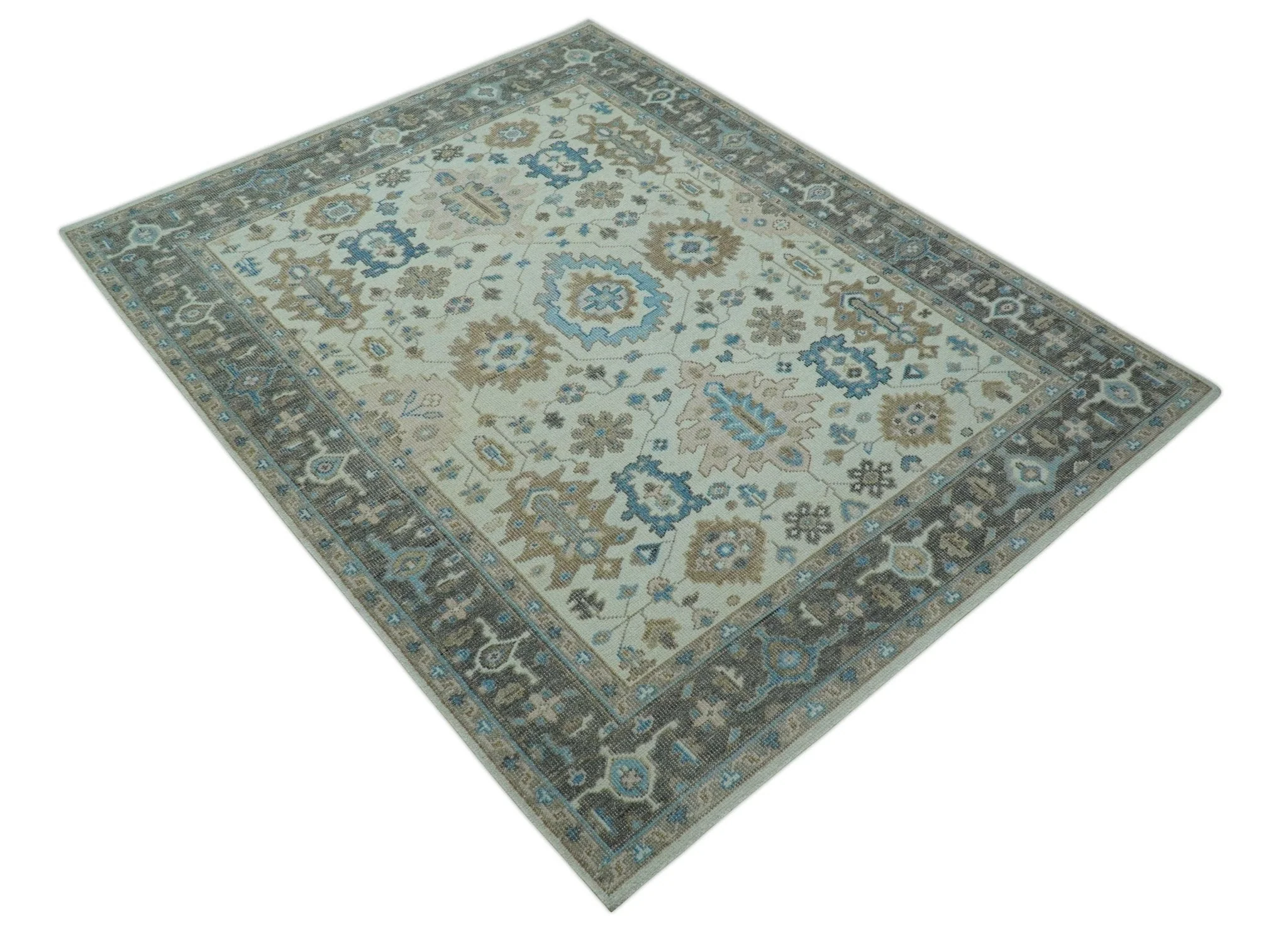 Custom Made Hand Knotted Beige and Blue Traditional Turkish Wool Area Rug - Image 5