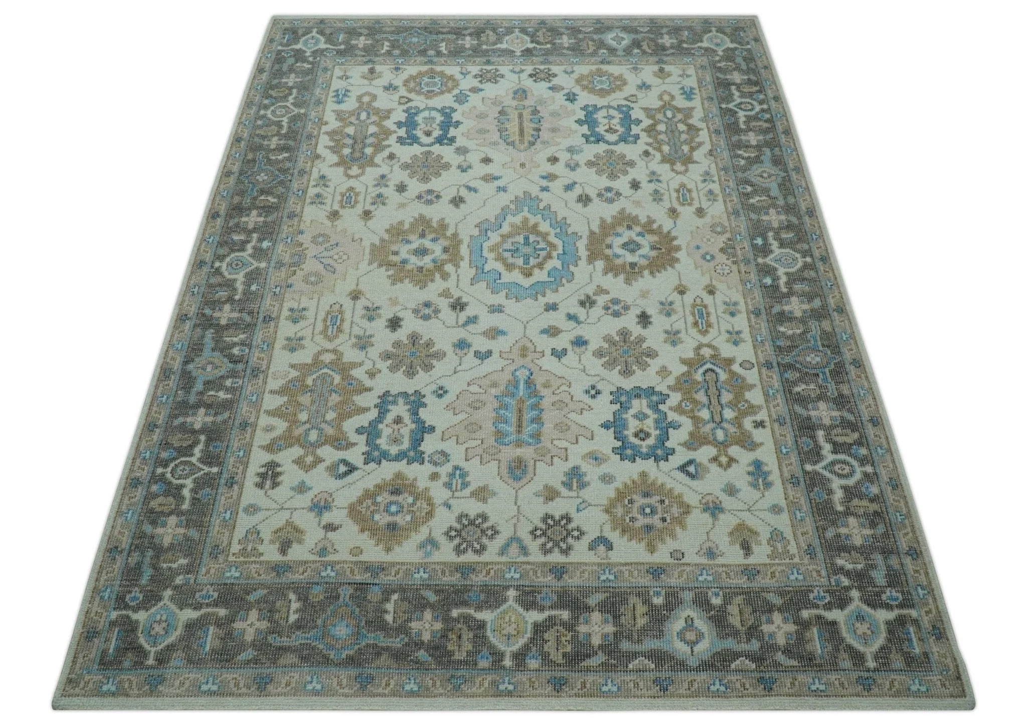 Custom Made Hand Knotted Beige and Blue Traditional Turkish Wool Area Rug - Image 6
