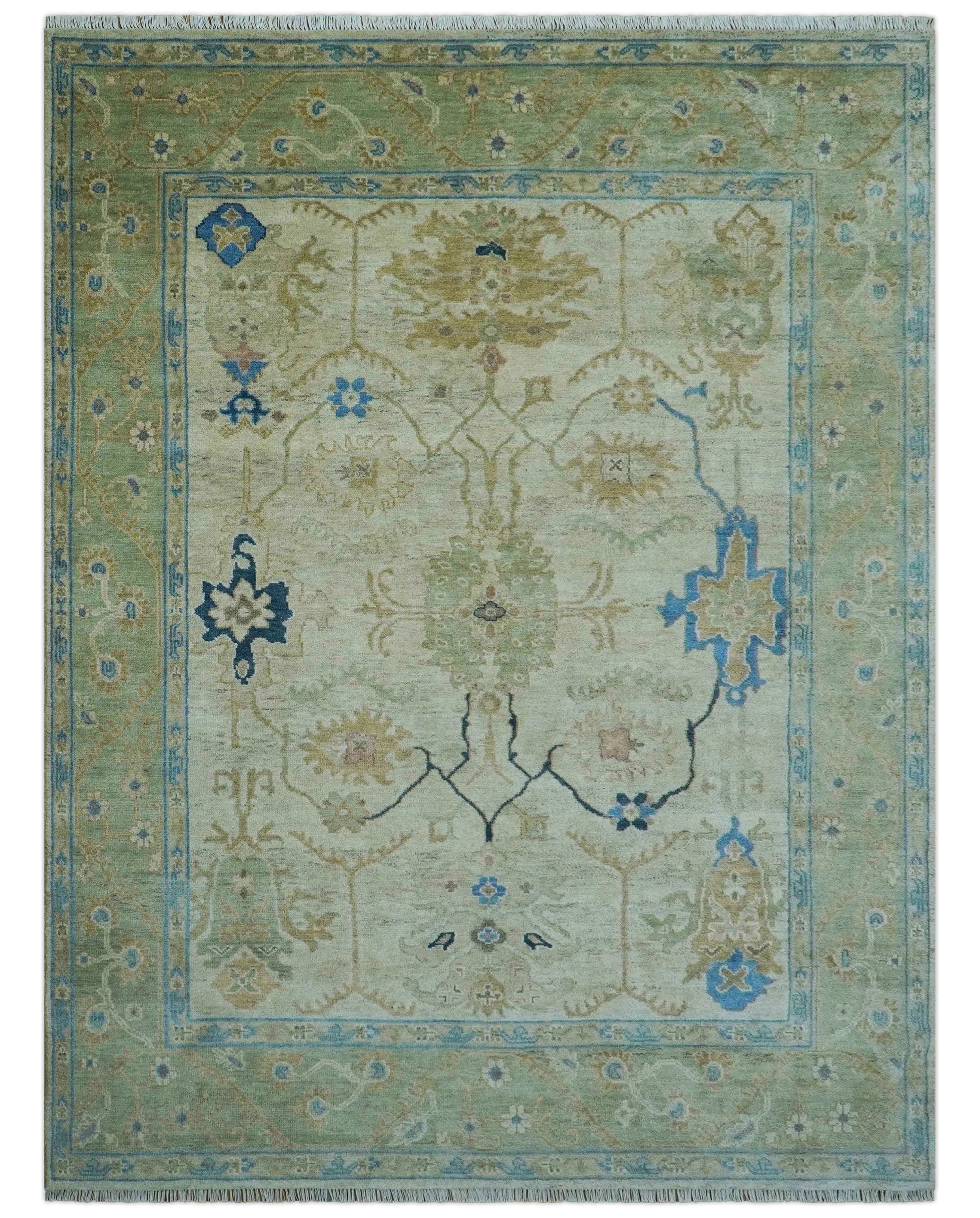 Custom Made Hand Knotted Beige and Blue Traditional Turkish Wool Rug