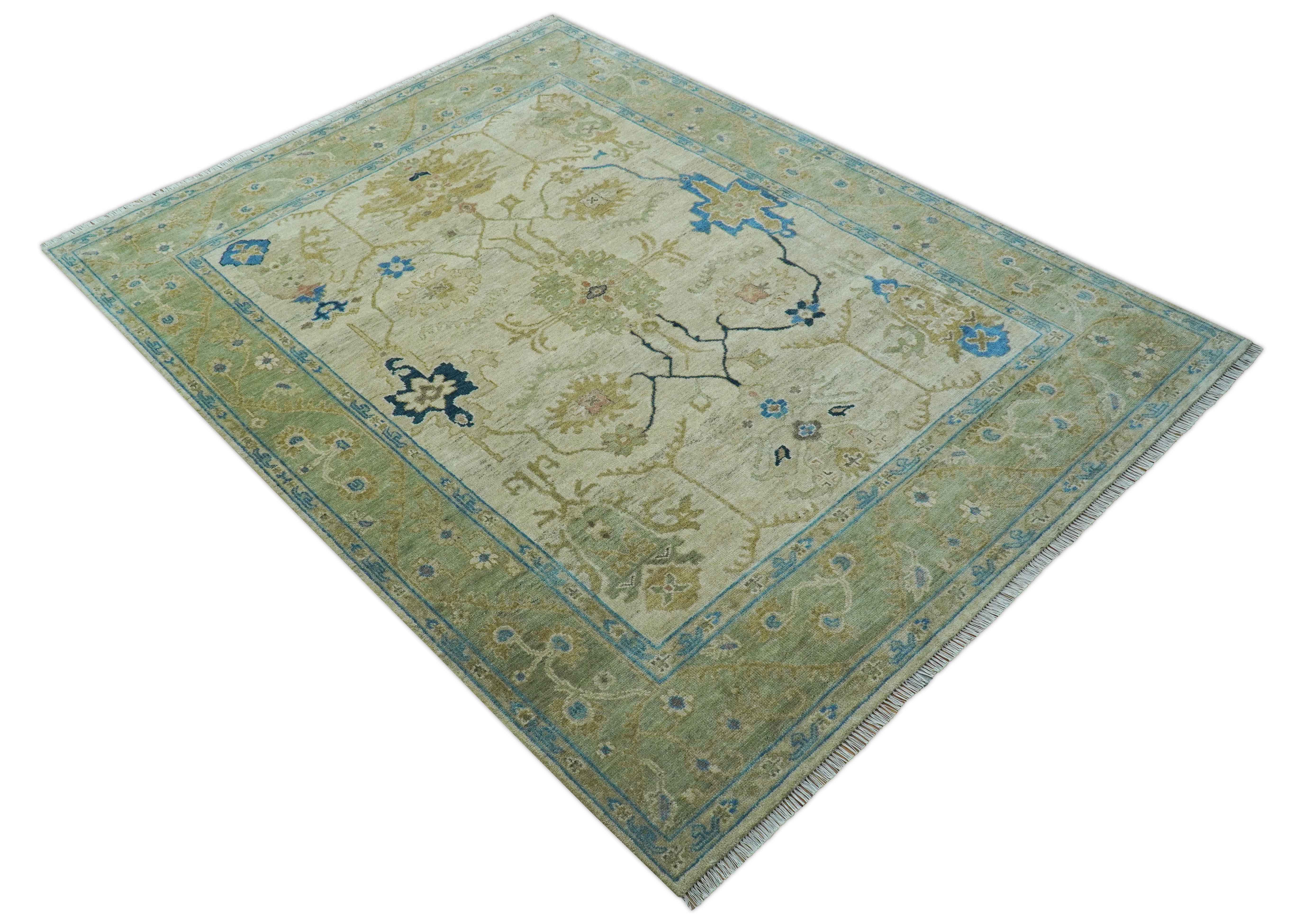 Custom Made Hand Knotted Beige and Blue Traditional Turkish Wool Rug - Image 10