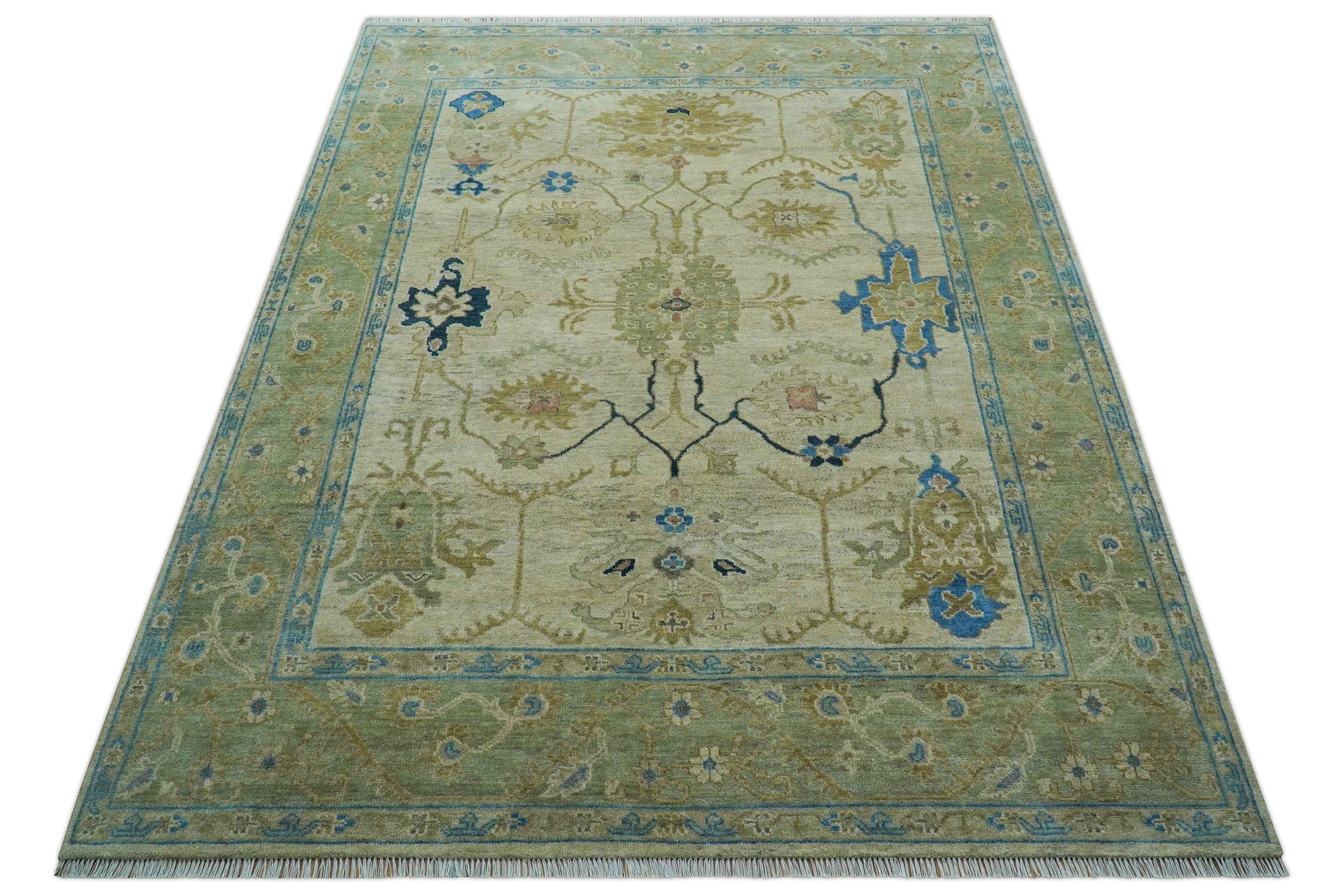 Custom Made Hand Knotted Beige and Blue Traditional Turkish Wool Rug - Image 11
