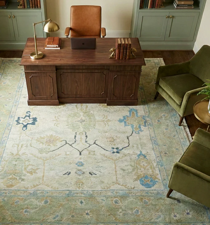 Custom Made Hand Knotted Beige and Blue Traditional Turkish Wool Rug - Image 2