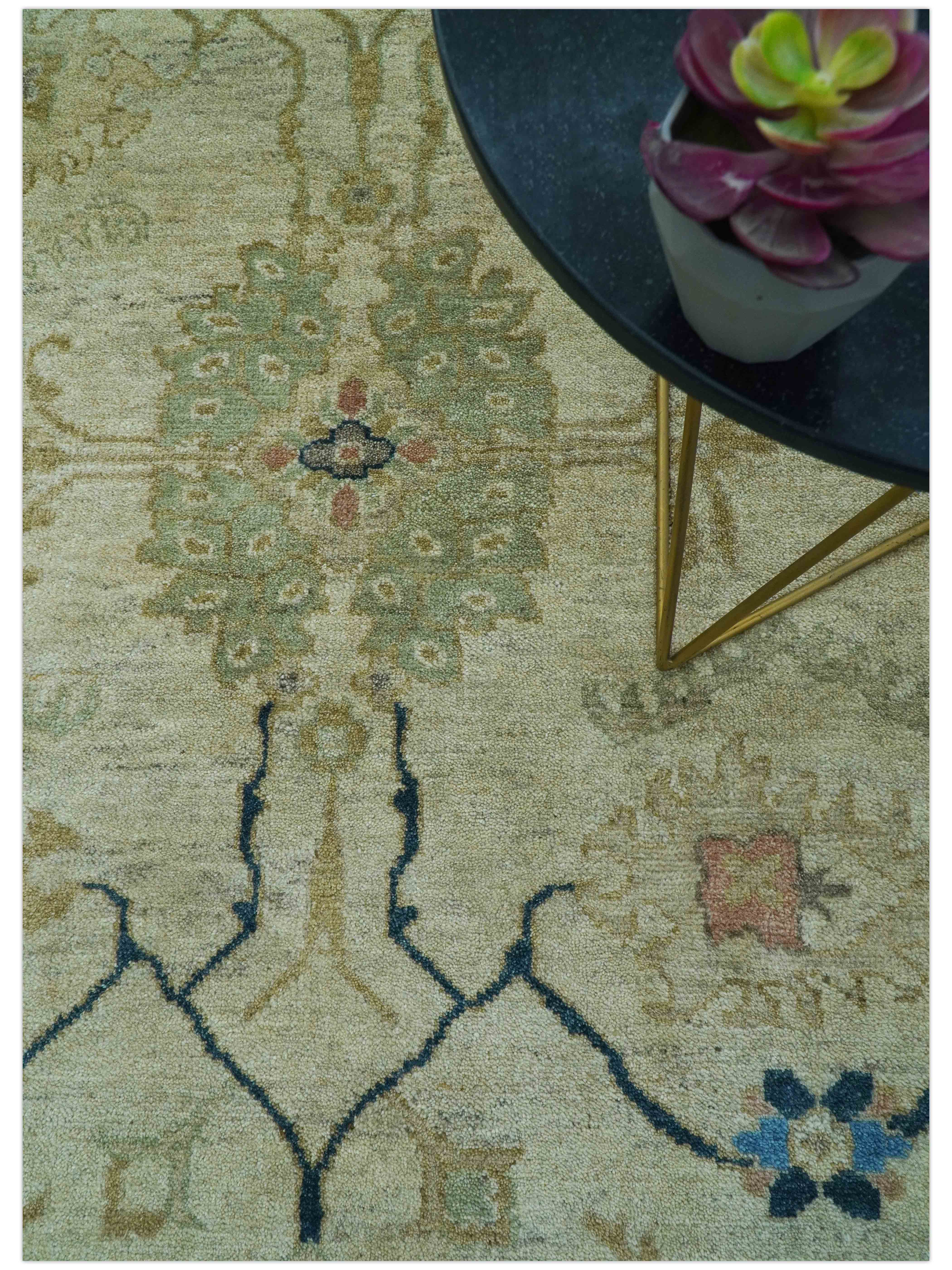 Custom Made Hand Knotted Beige and Blue Traditional Turkish Wool Rug - Image 3