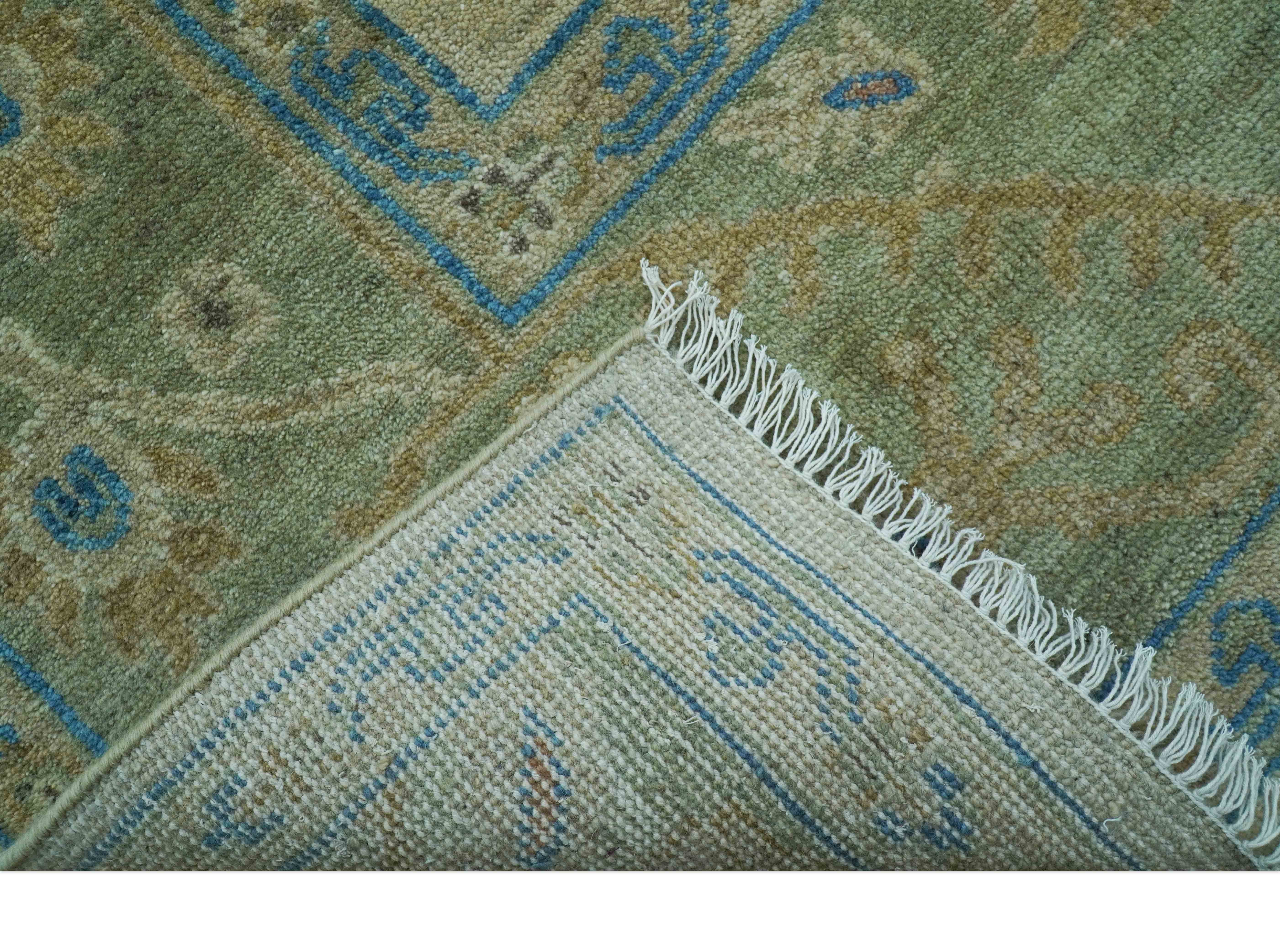 Custom Made Hand Knotted Beige and Blue Traditional Turkish Wool Rug - Image 4