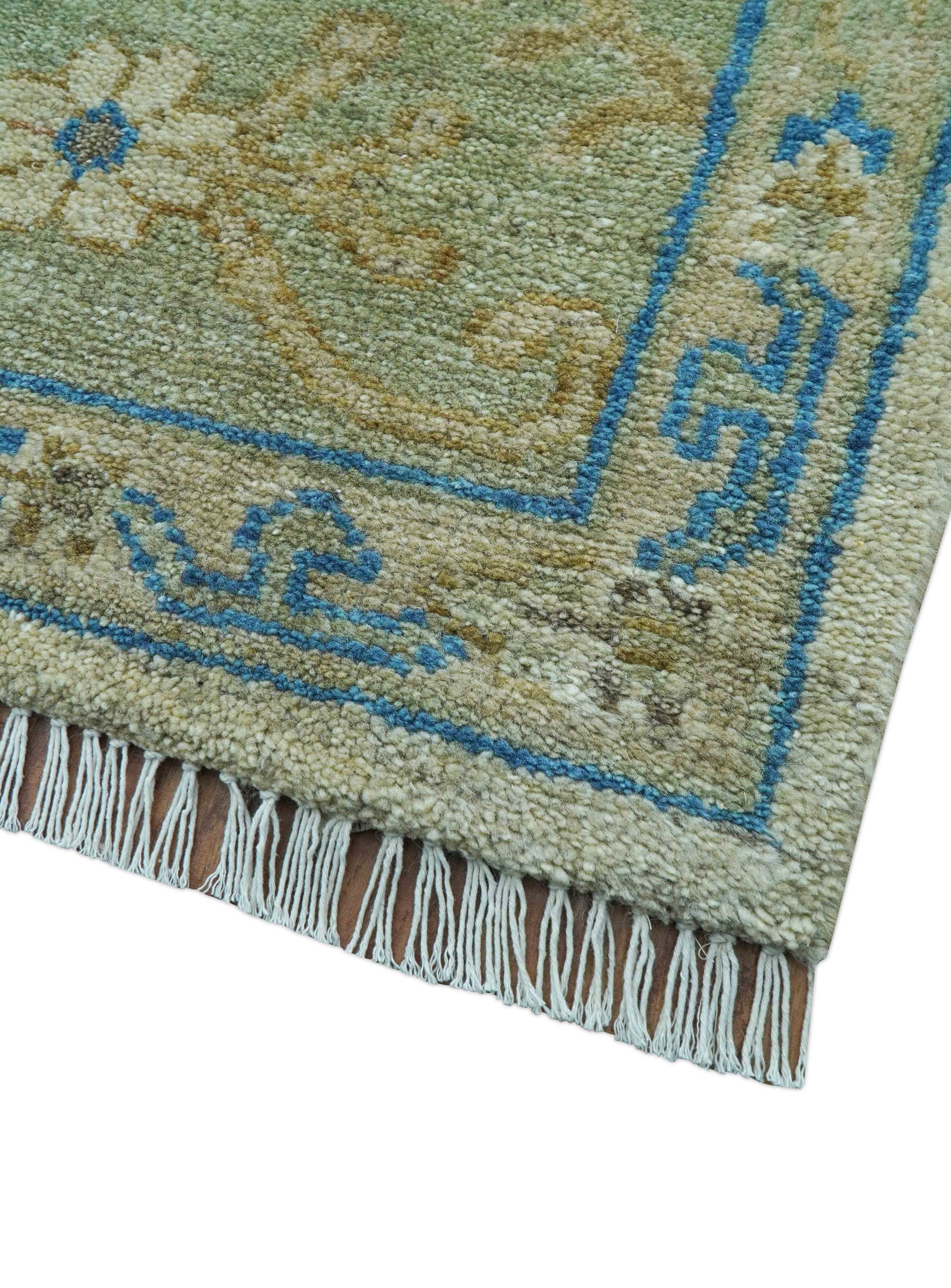 Custom Made Hand Knotted Beige and Blue Traditional Turkish Wool Rug - Image 5