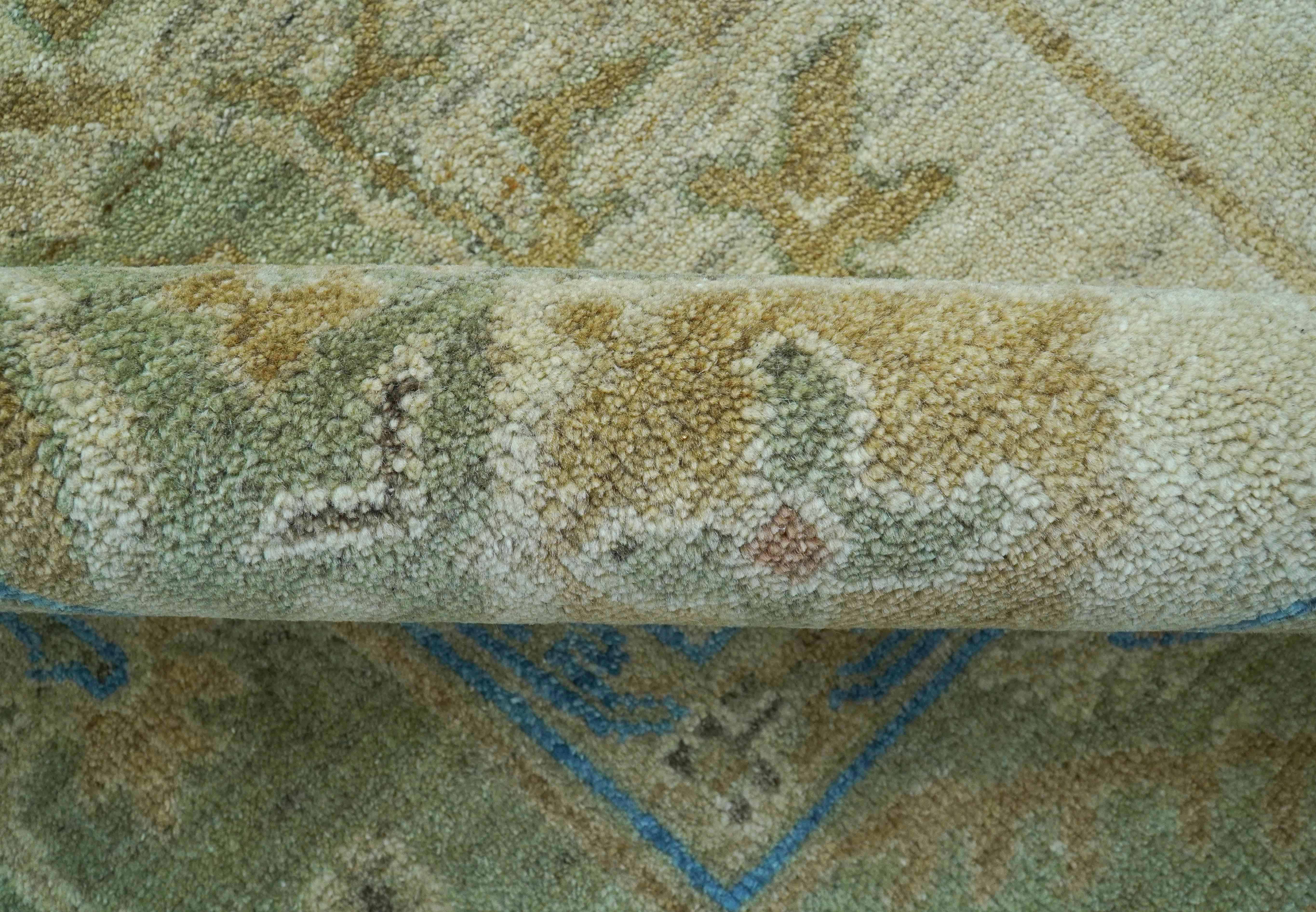 Custom Made Hand Knotted Beige and Blue Traditional Turkish Wool Rug - Image 8