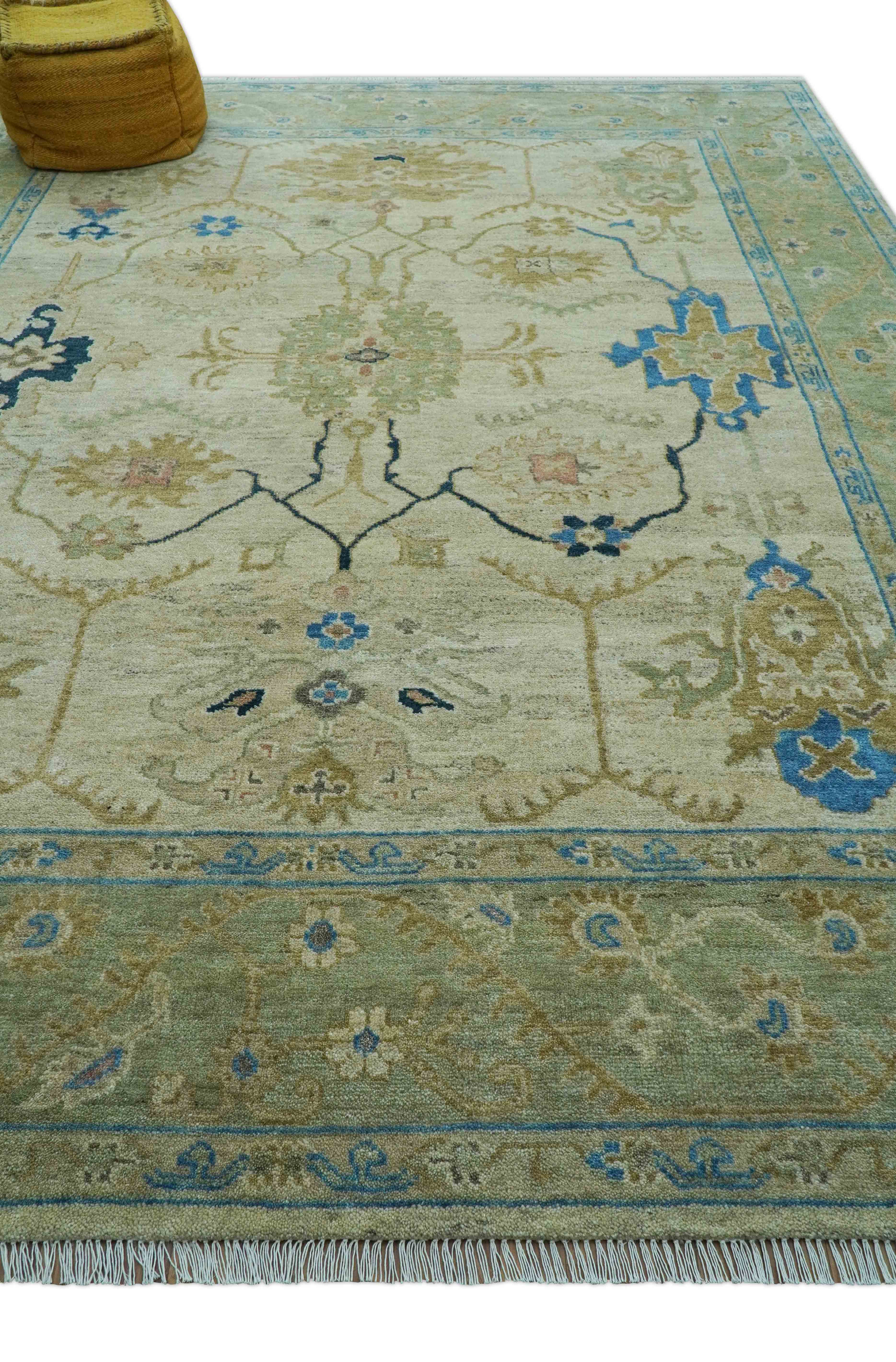 Custom Made Hand Knotted Beige and Blue Traditional Turkish Wool Rug - Image 9