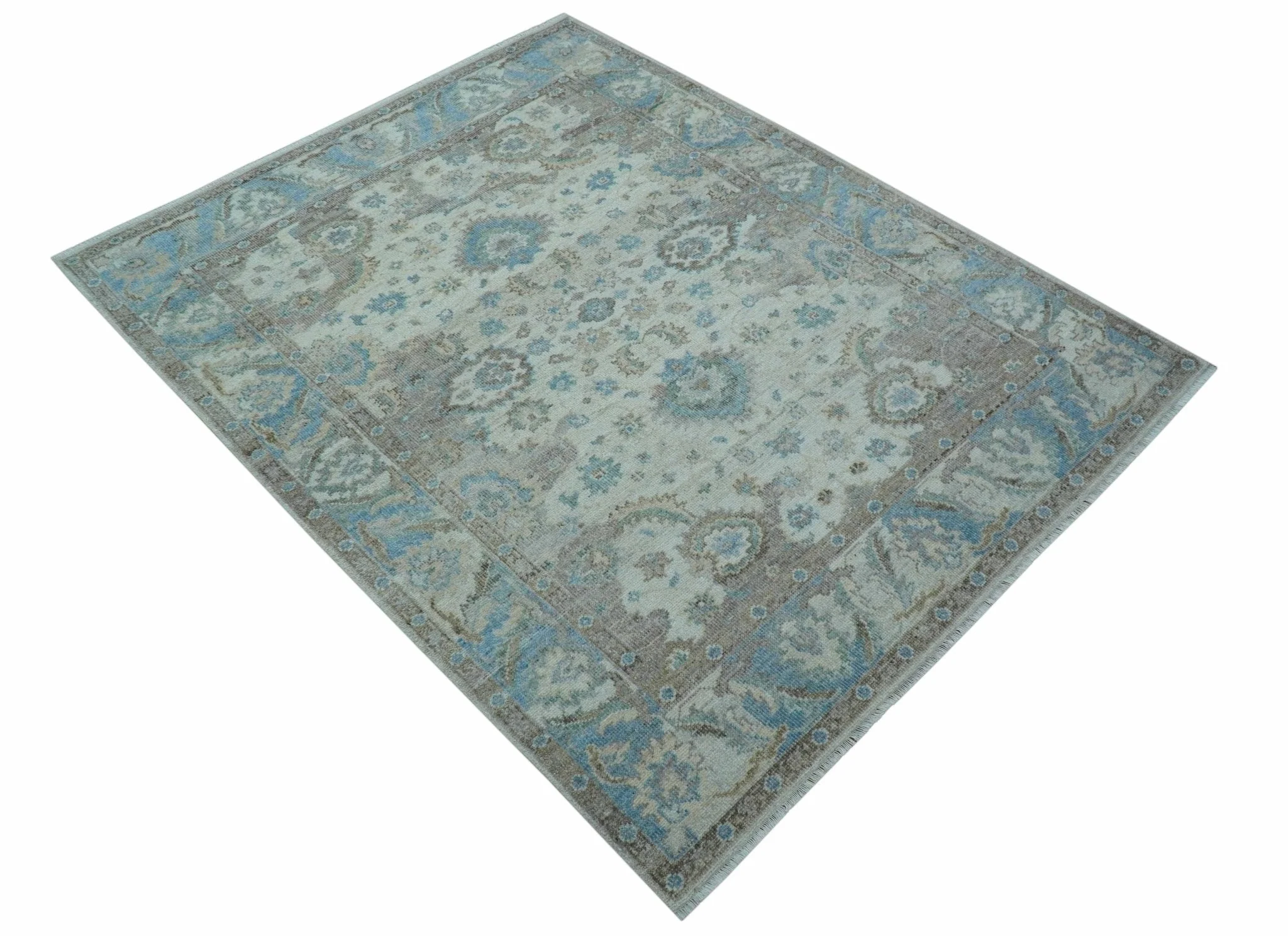 Custom Made Hand Knotted Ivory and Blue Traditional Turkish Afghan Wool Rug - Image 10