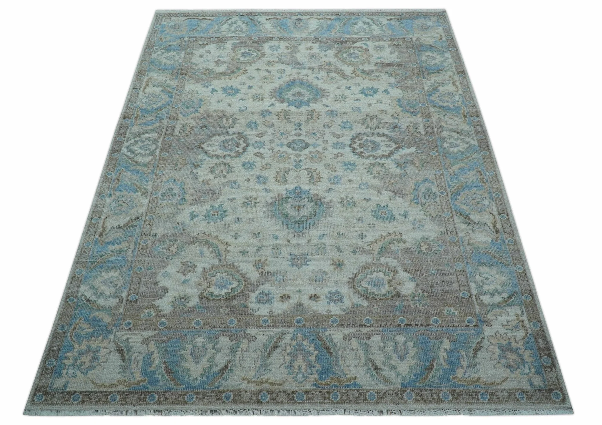 Custom Made Hand Knotted Ivory and Blue Traditional Turkish Afghan Wool Rug - Image 11