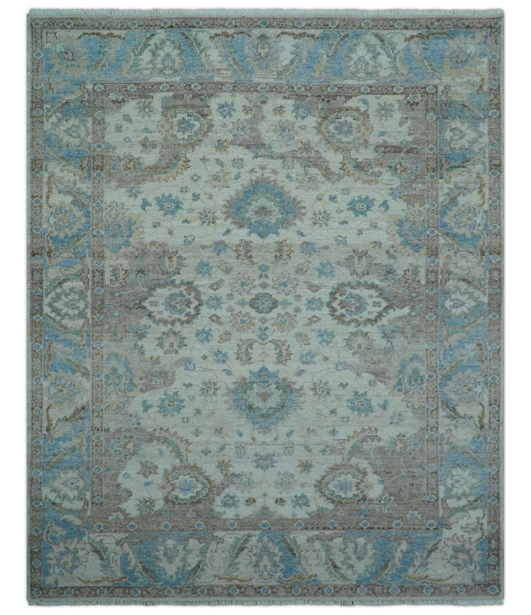 Custom Made Hand Knotted Ivory and Blue Traditional Turkish Afghan Wool Rug - Image 2
