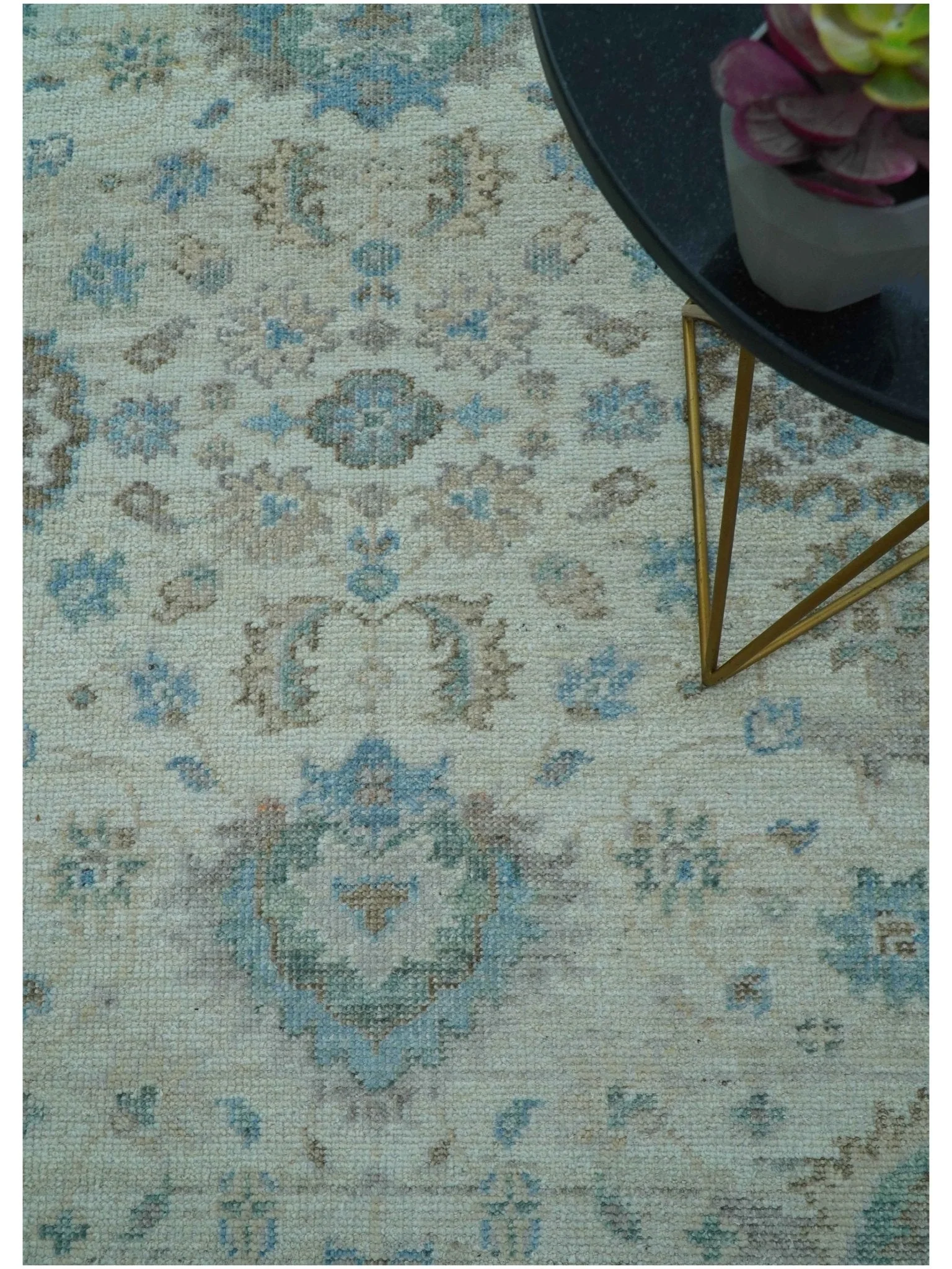 Custom Made Hand Knotted Ivory and Blue Traditional Turkish Afghan Wool Rug - Image 4